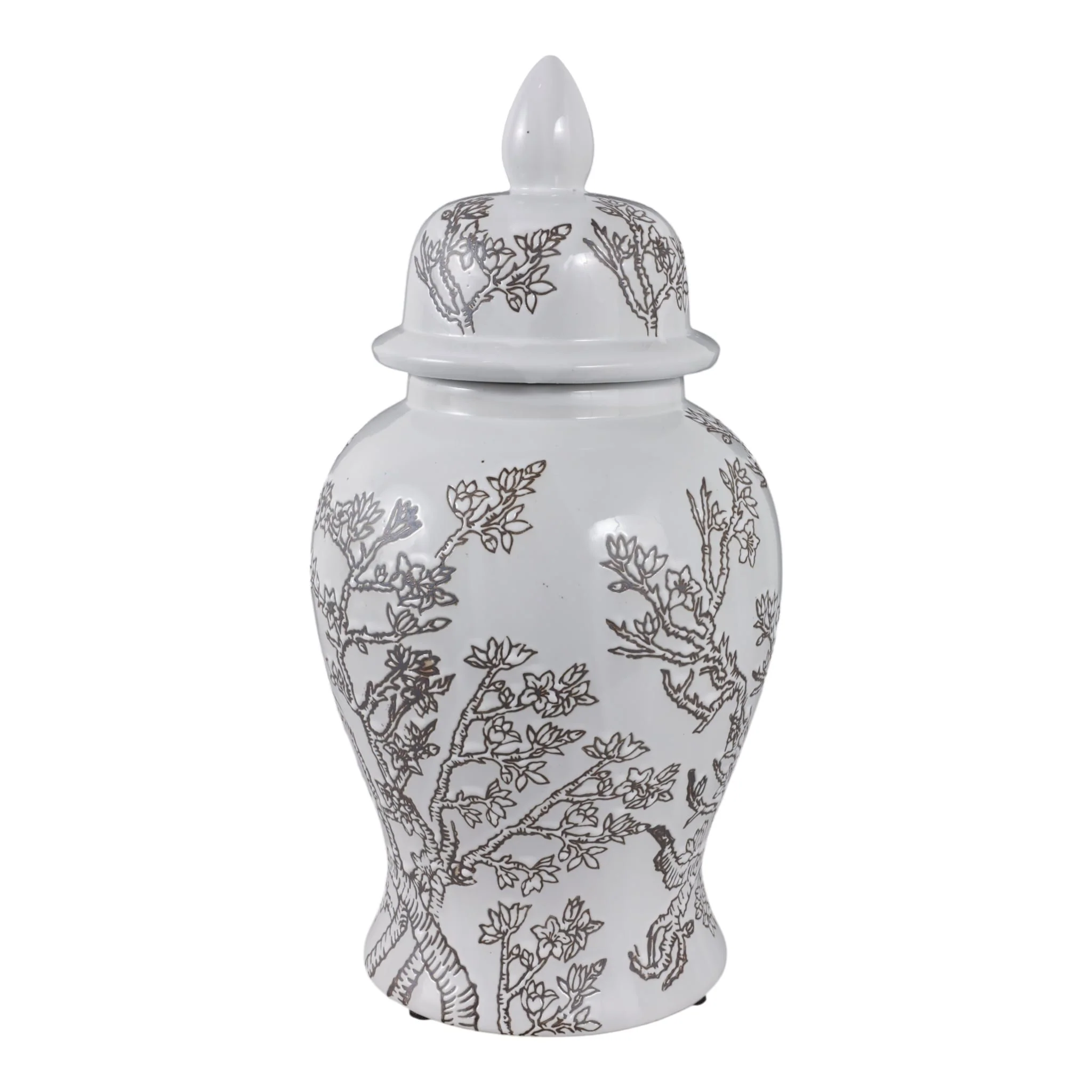 14x7" Cherry Blossom Temple Jar, White/ Brown - Image 3