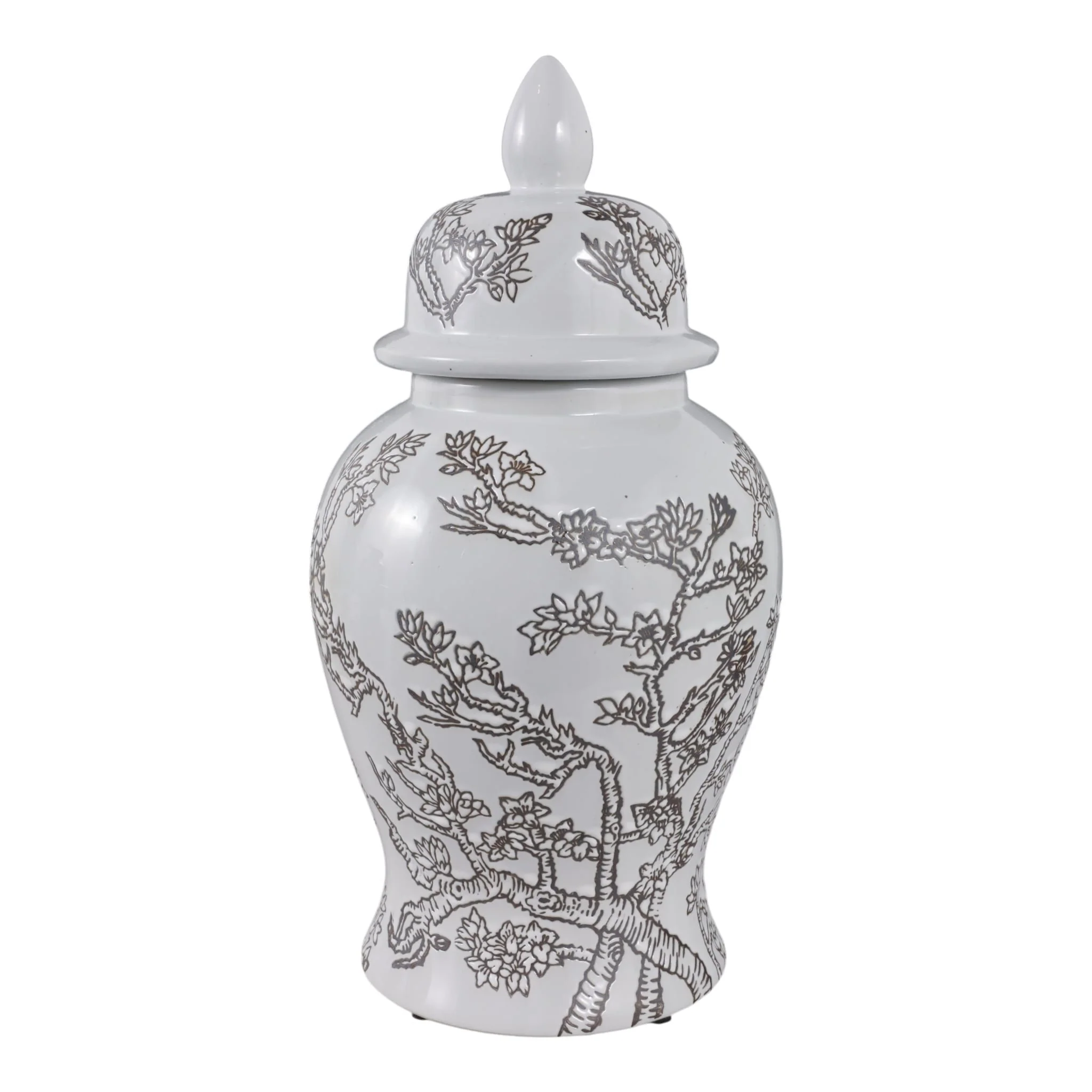 14x7" Cherry Blossom Temple Jar, White/ Brown - Image 4