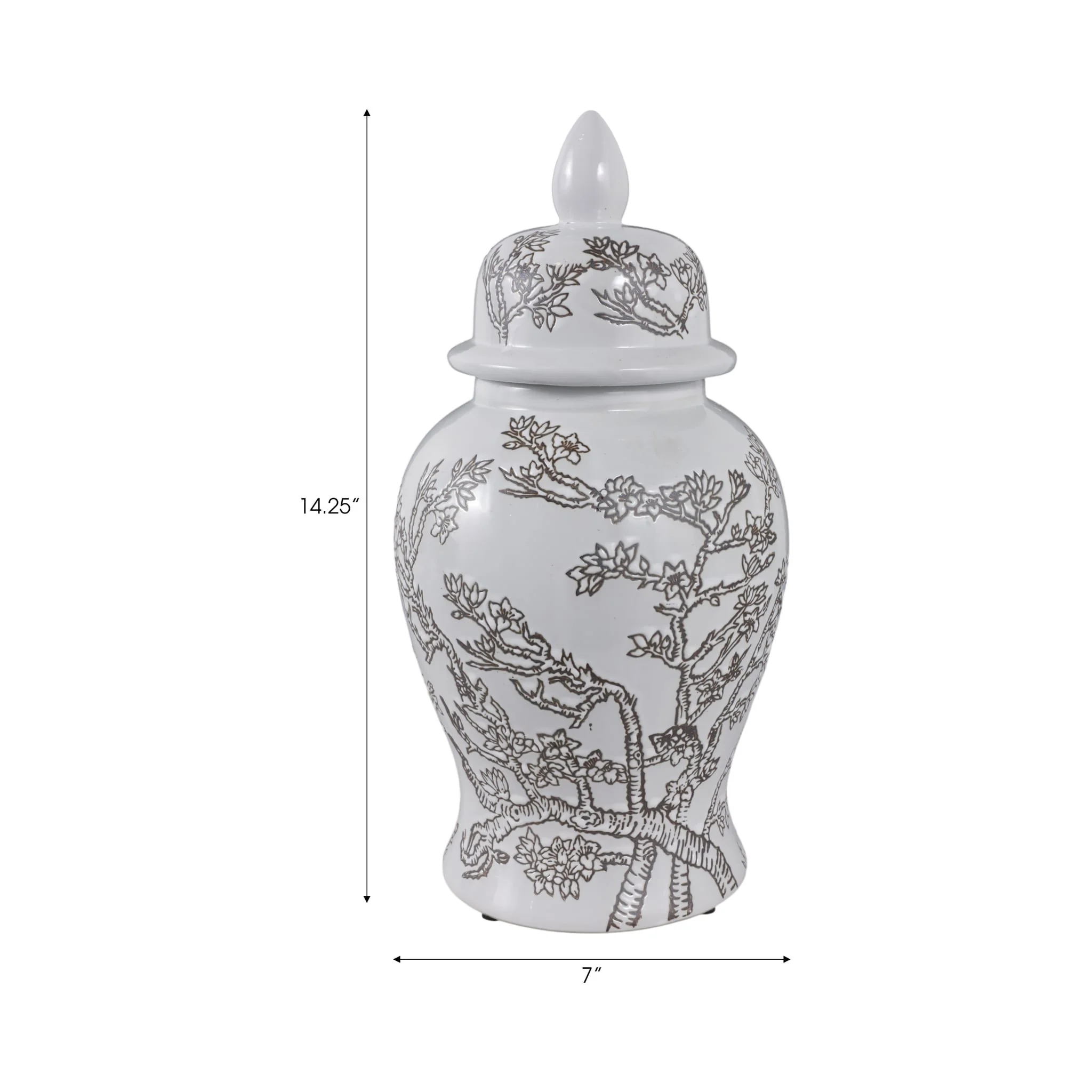 14x7" Cherry Blossom Temple Jar, White/ Brown - Image 8