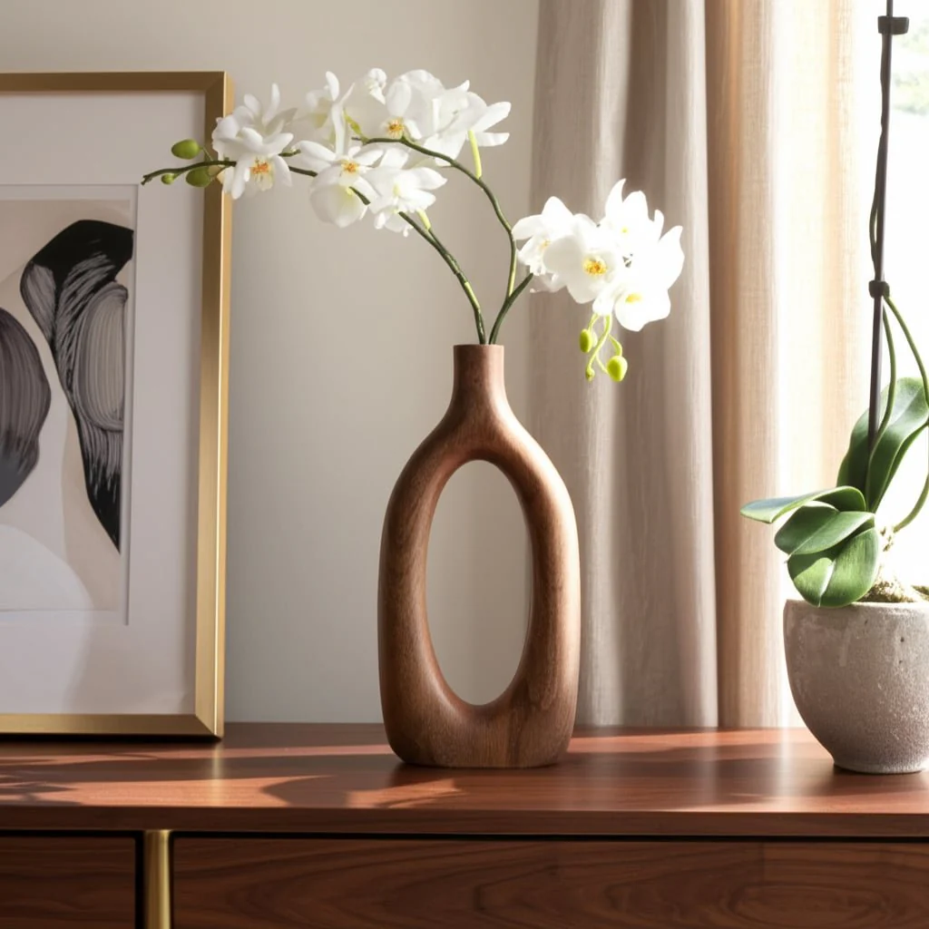 14x7" Open Cut-out Wood Vase, Natural - Image 11