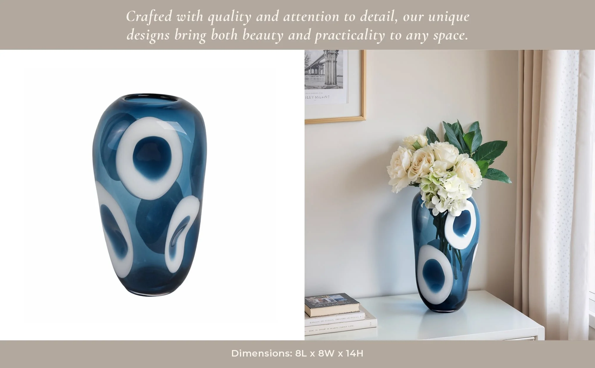 14x8" Curvy Polka Dot Glass Vase, Blue/white - Image 11