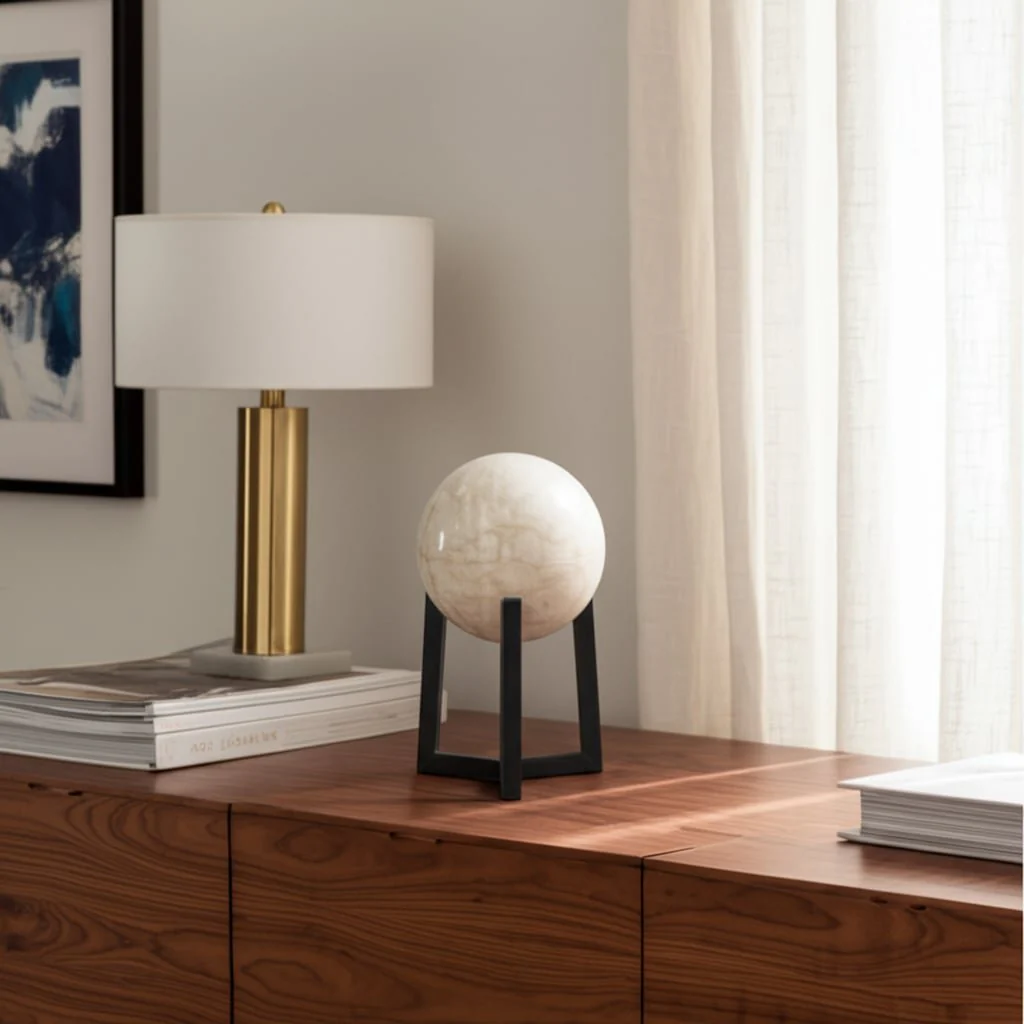 14x8" Marble Orb On Stand, Ivory/black - Image 9