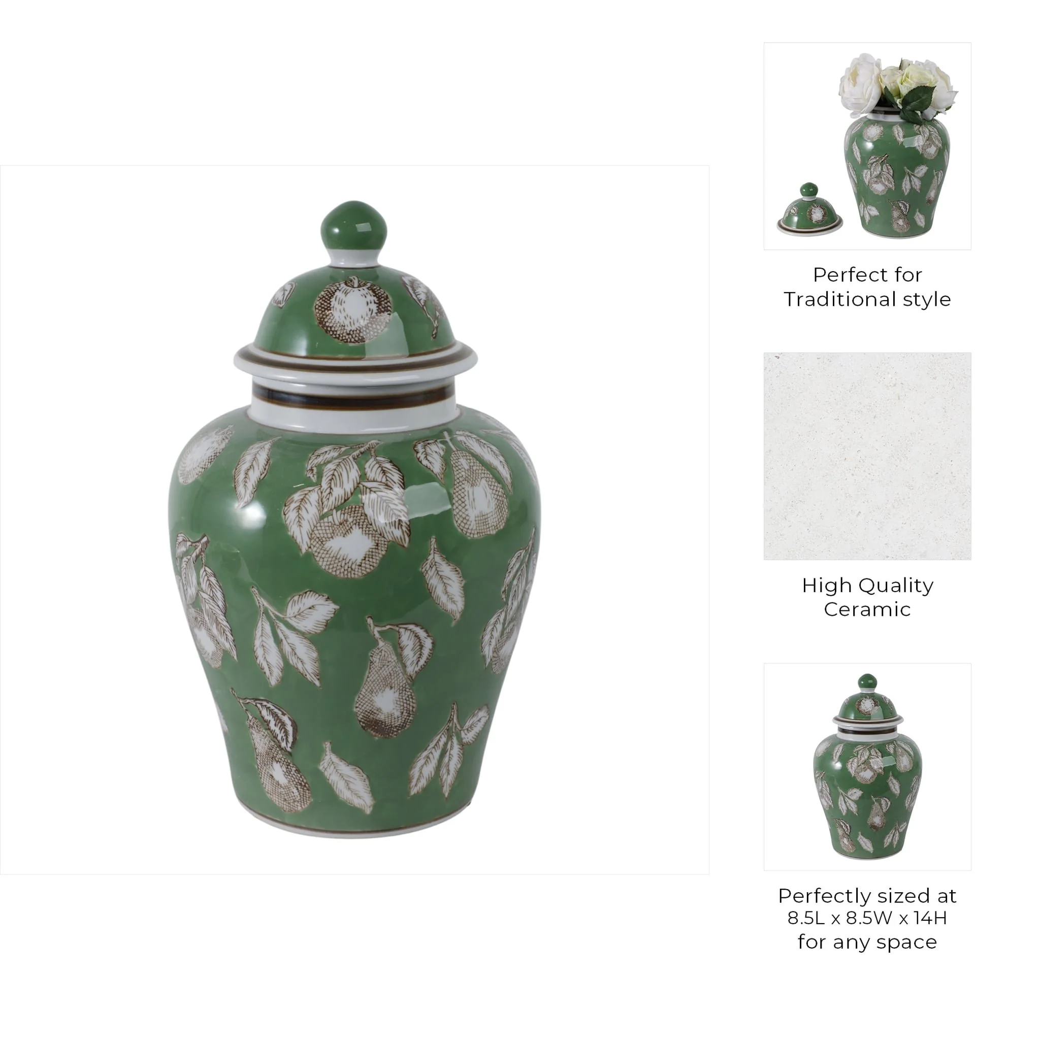 14x9" Pears & Twigs Temple Jar, Green/brown - Image 9
