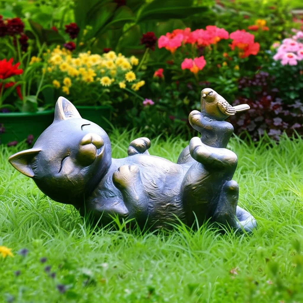 14x9" Playful Kitty With Bird, Bronze - Image 10