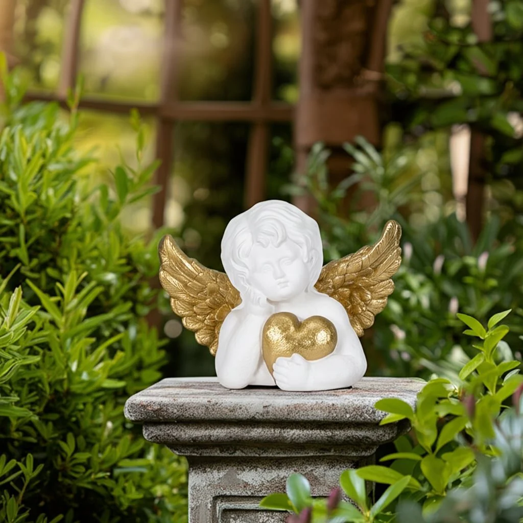 15" Garden Cherub With Heart, White/gold - Image 11