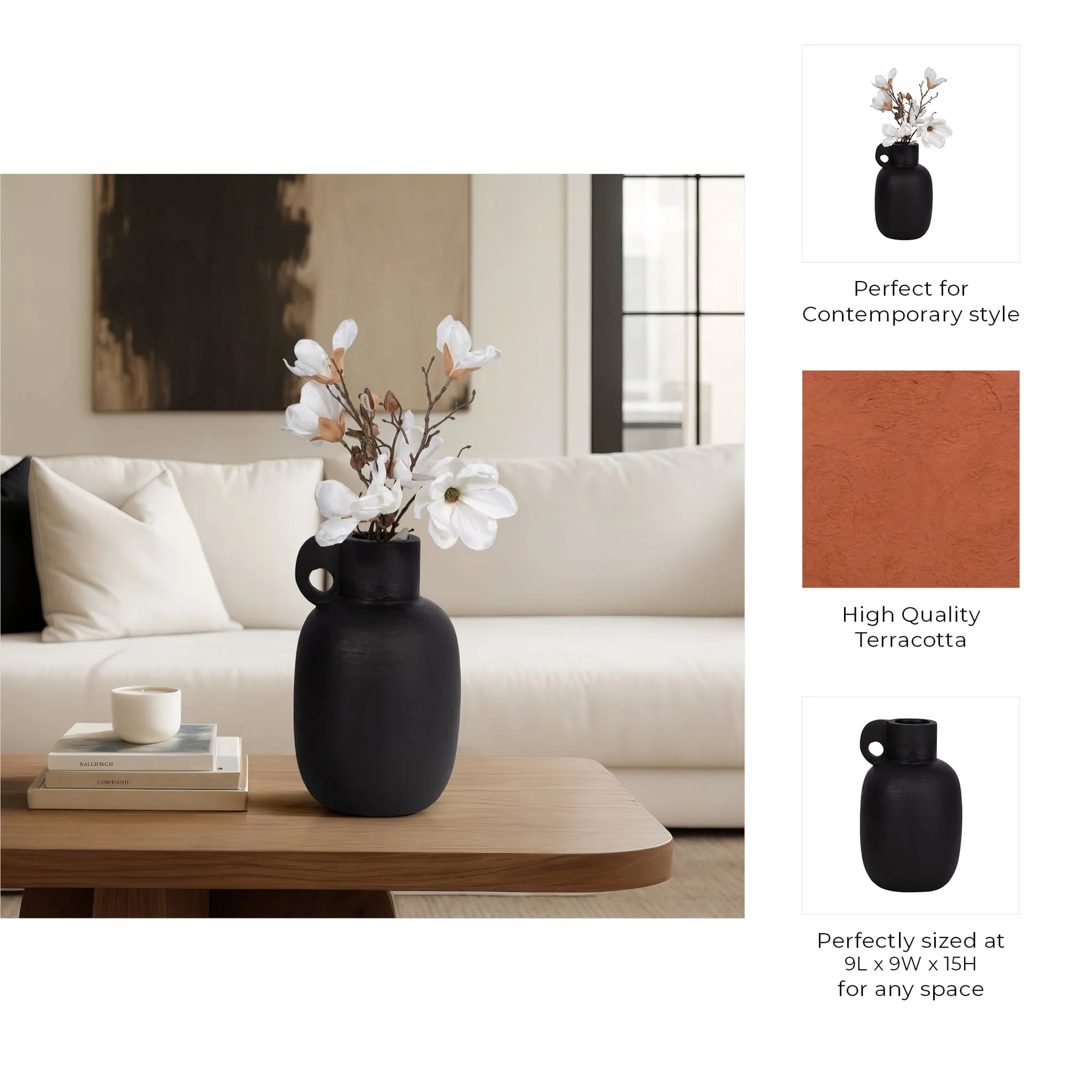 15" Modern Terracotta Jug Vase W/handle, Black - Image 10