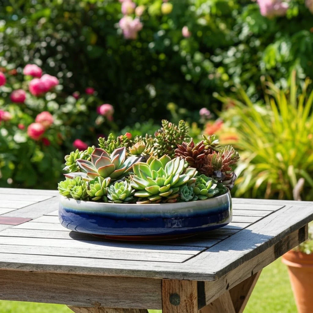 15" Reactive Succulent Planter Bowl, Blue/white - Image 8