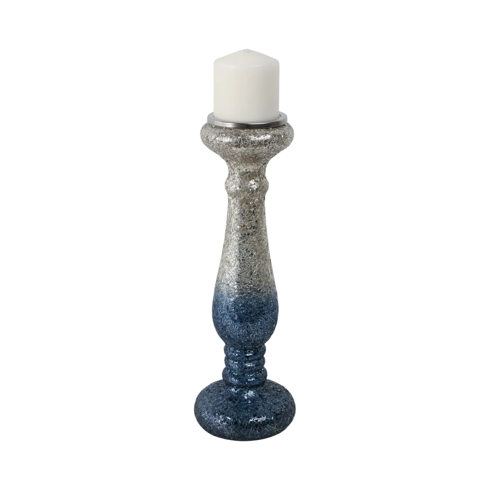 15" Silver Blue, Crackled Candle Holder - Image 2