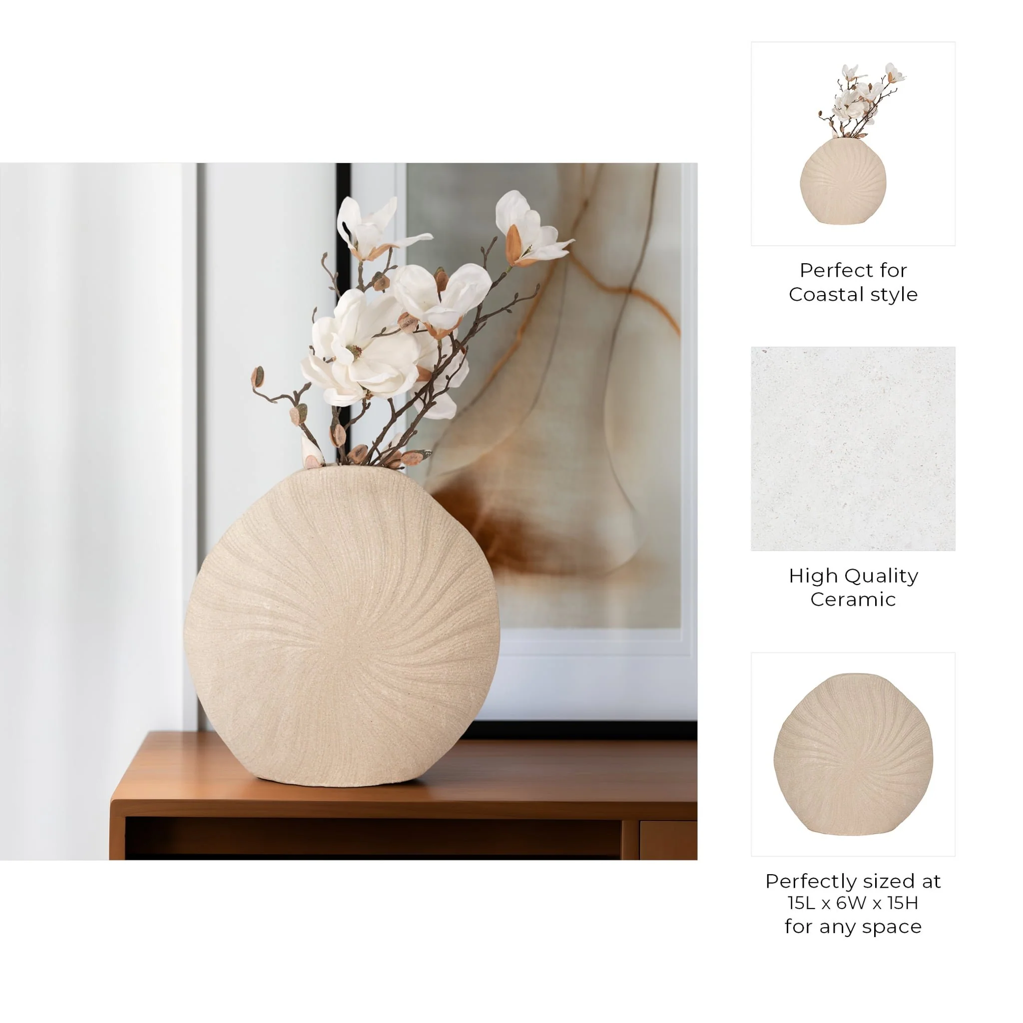 15" White Sand Shell Vase, White - Image 9