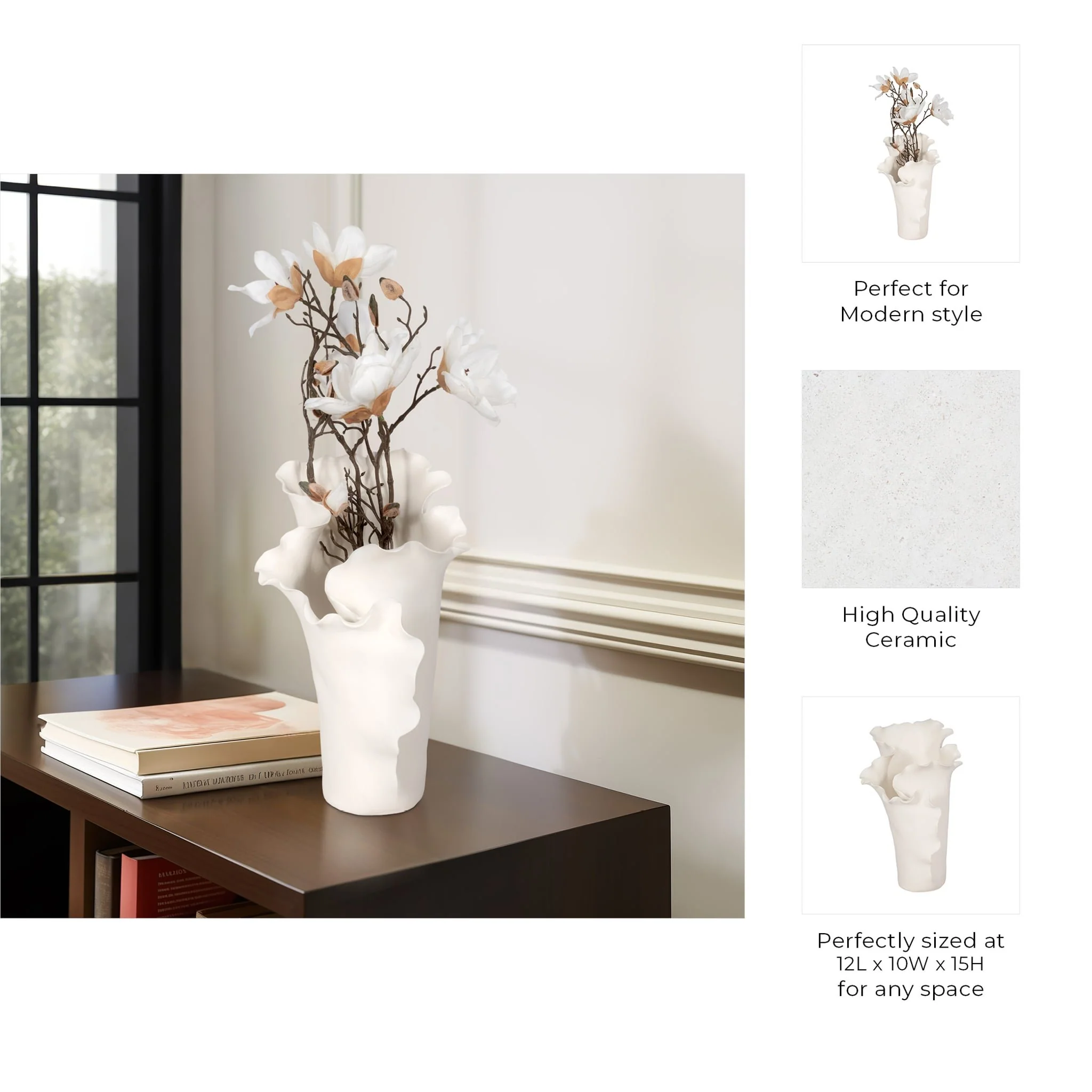 15x11" Handmade Flutter Vase, White - Image 10