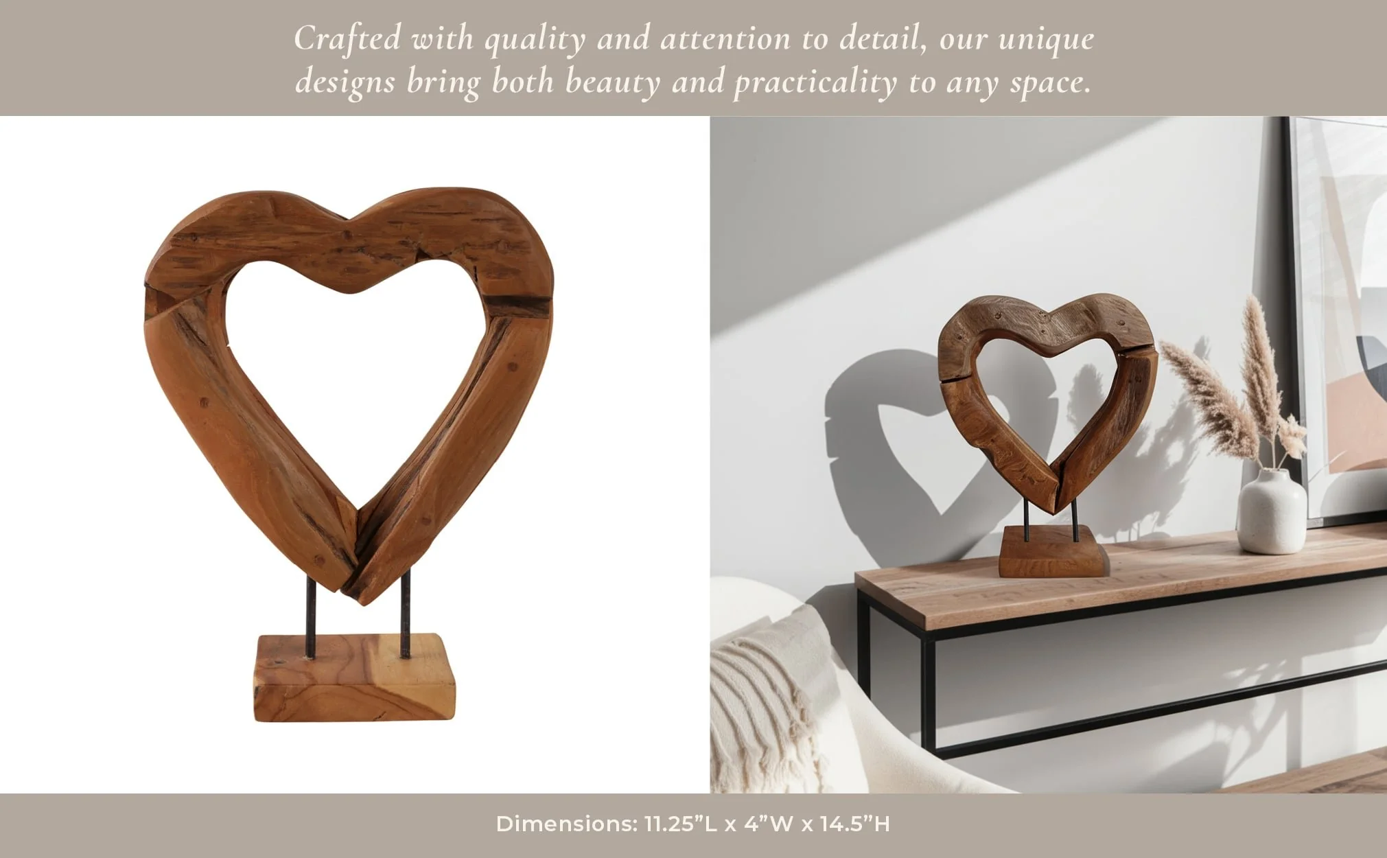 15x12" Teak Wood Open Heart Sculpture, Brown - Image 13