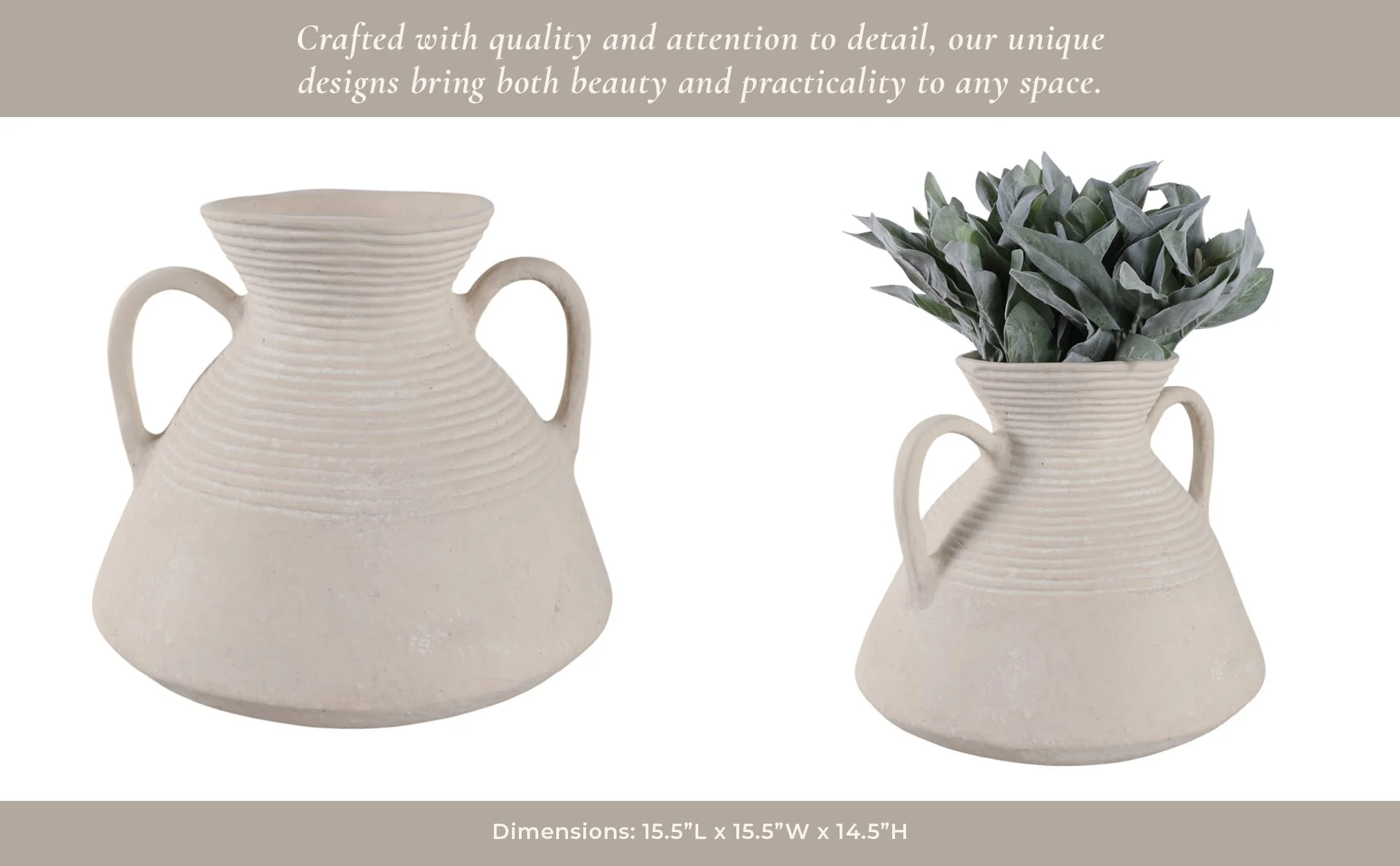 15x15" Wide Paper Mache Vase With Handles, White - Image 8