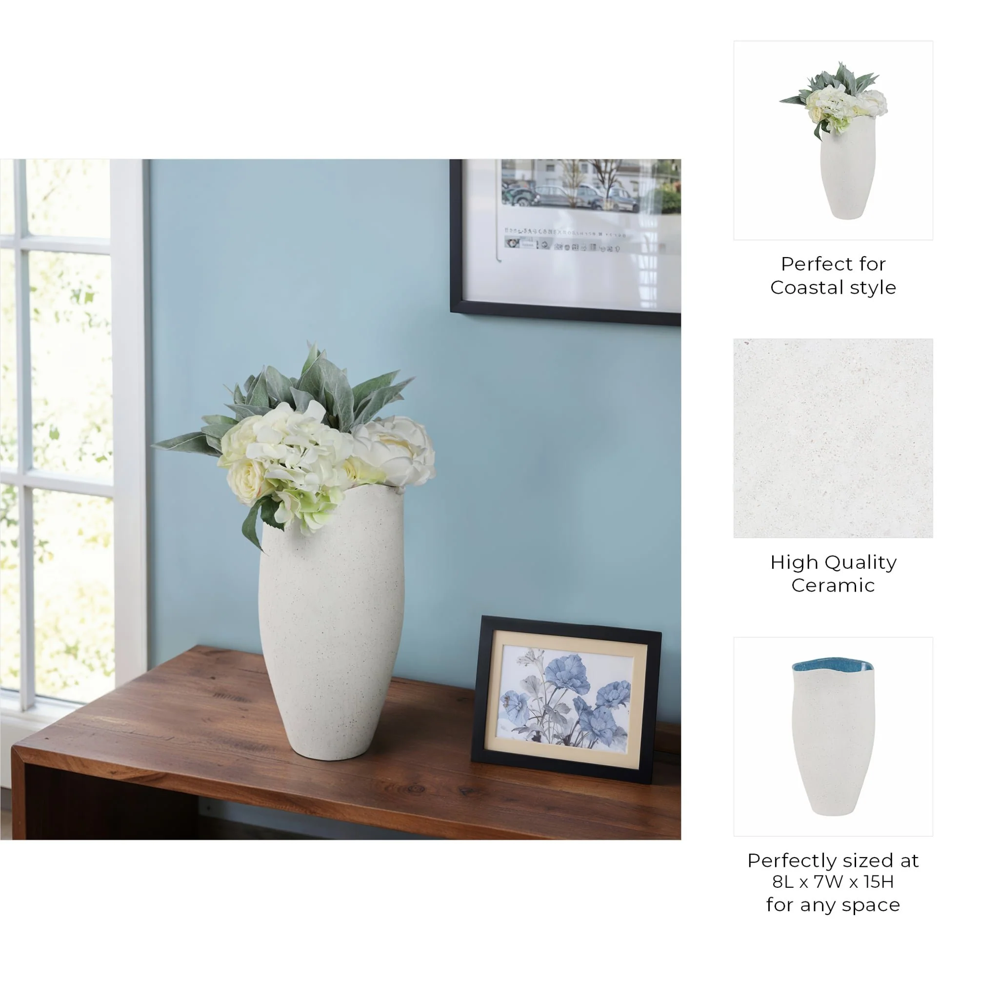 15x8" Textured Organic Vase Reactive Inside, White - Image 9