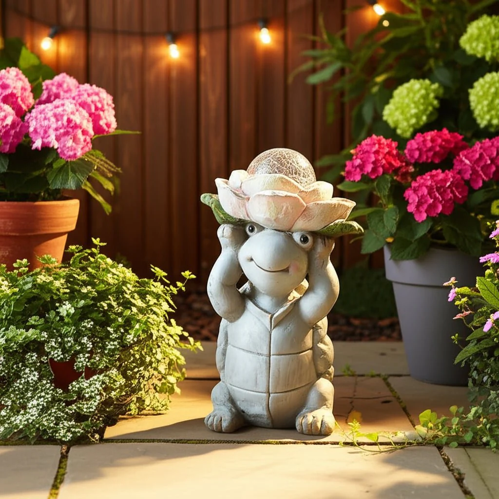 15x9" Turtle Holding Large Solar Flower, Grey Mult - Image 11