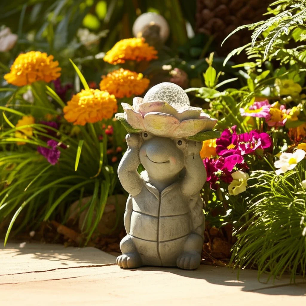 15x9" Turtle Holding Large Solar Flower, Grey Mult - Image 12