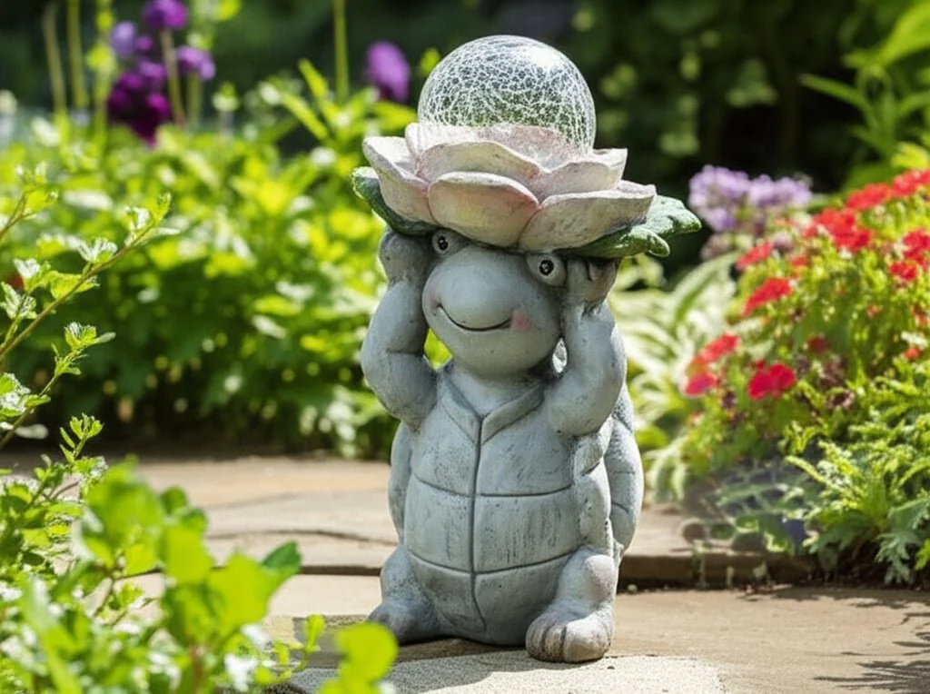 15x9" Turtle Holding Large Solar Flower, Grey Mult - Image 13