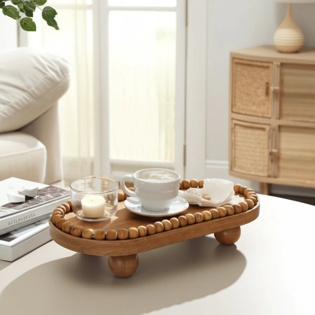 16" Beaded Oval Tray With Ball Feet, Natural - Image 10