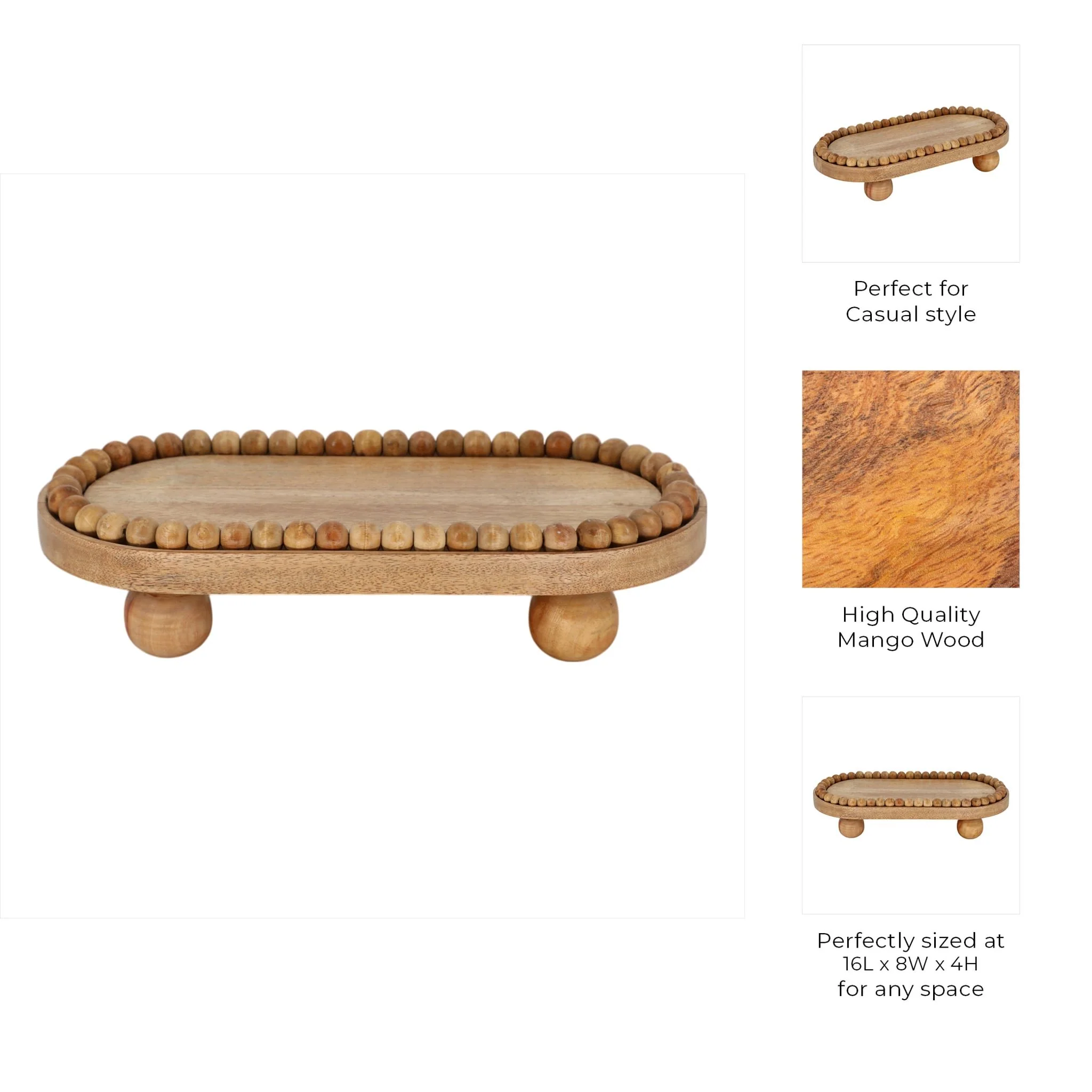 16" Beaded Oval Tray With Ball Feet, Natural - Image 8