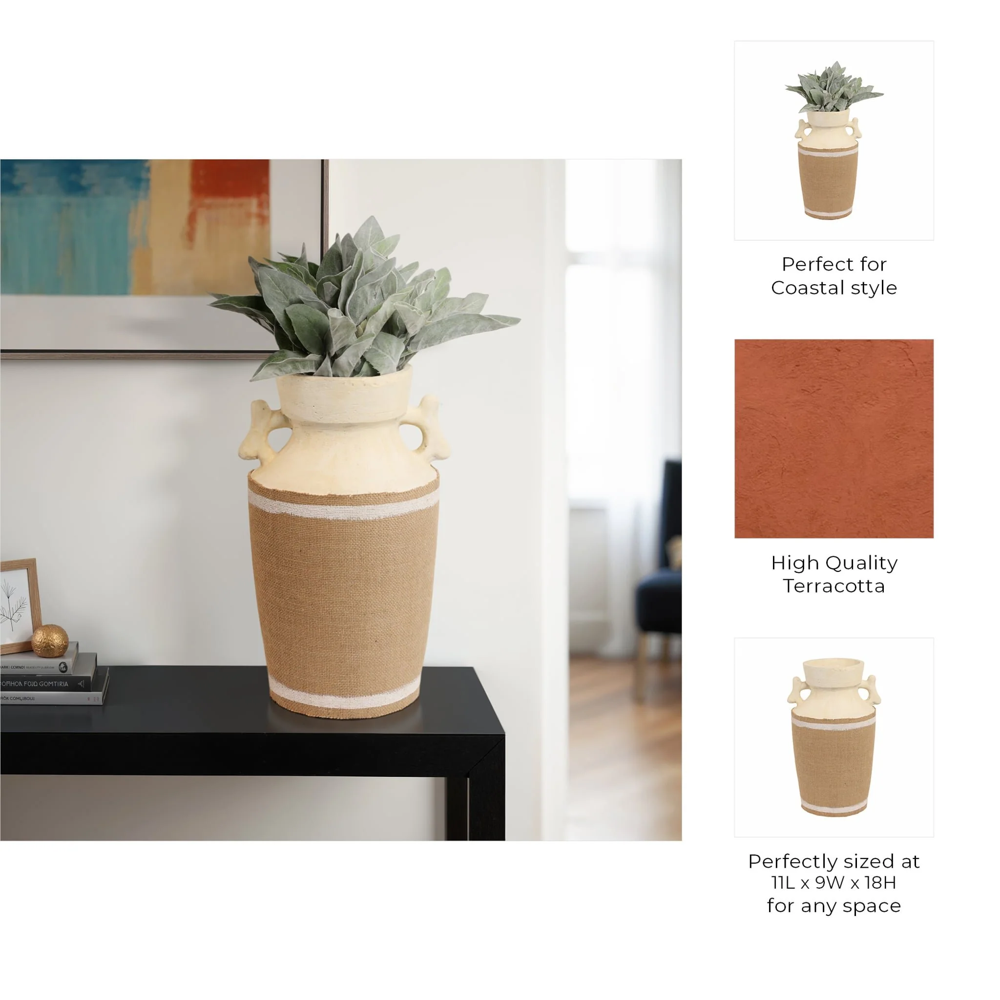 16" Burlap On Terracotta Vase, Ivory/natural - Image 10