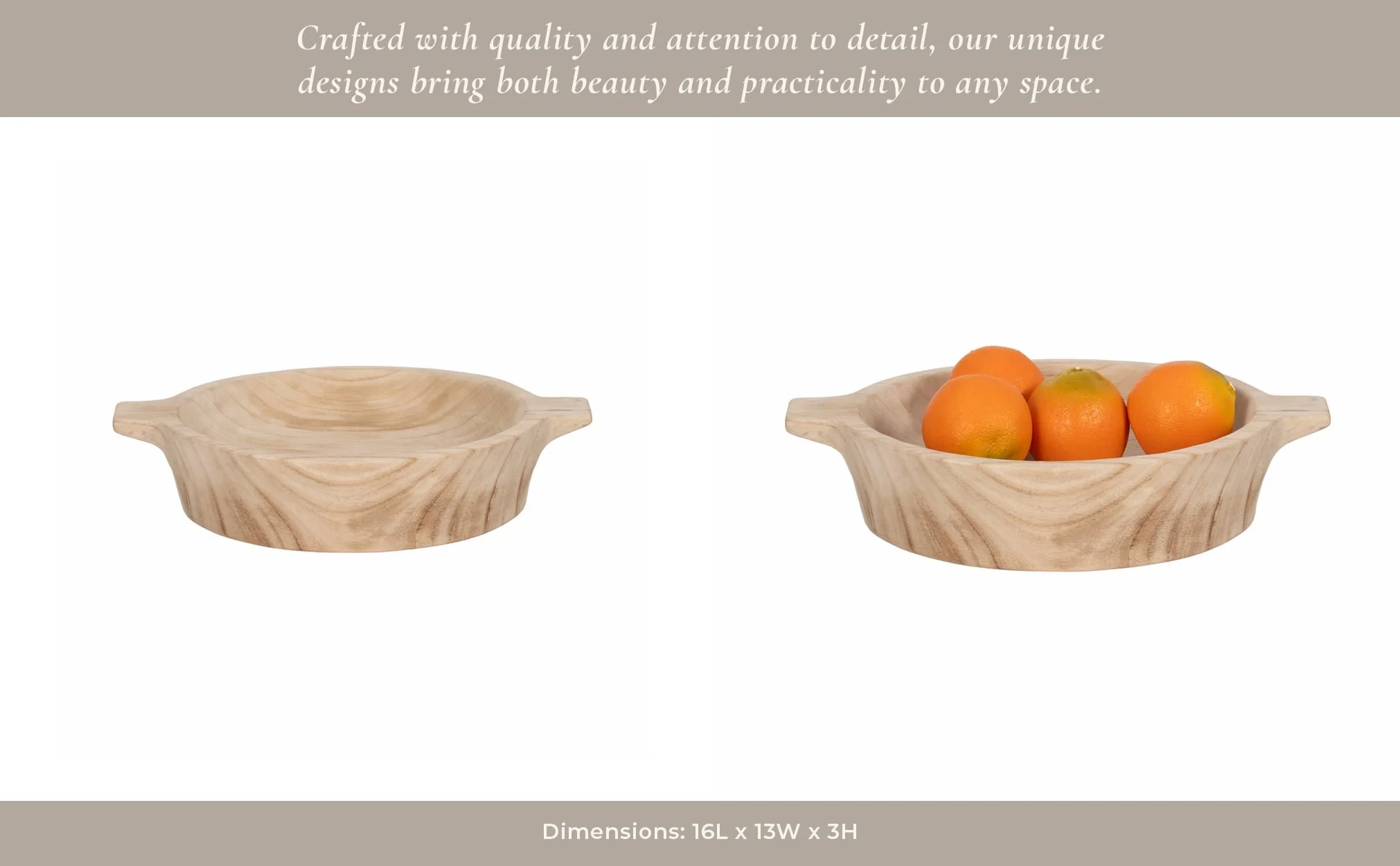 16" Round Wood Bowl With Handles, Natural - Image 10