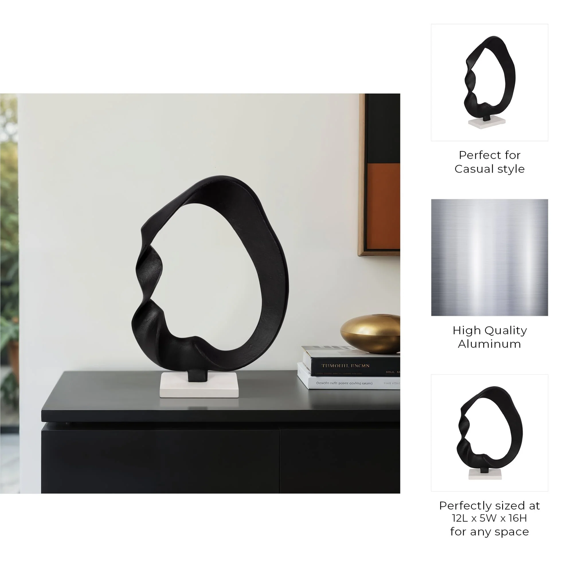 16" Twisted Sculpture On Marble Base, Black/white - Image 8