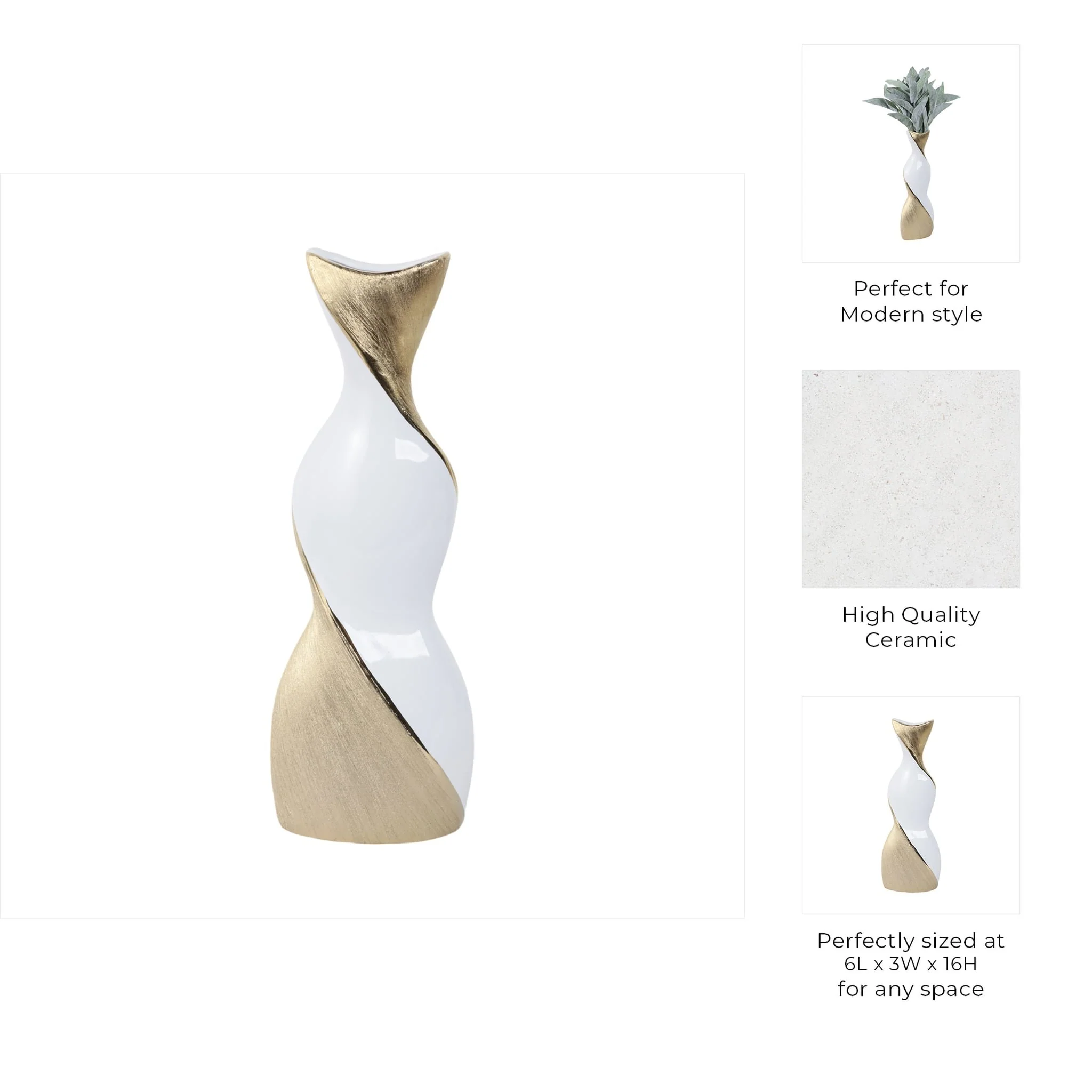16" Twisted Vase, White/gold - Image 9