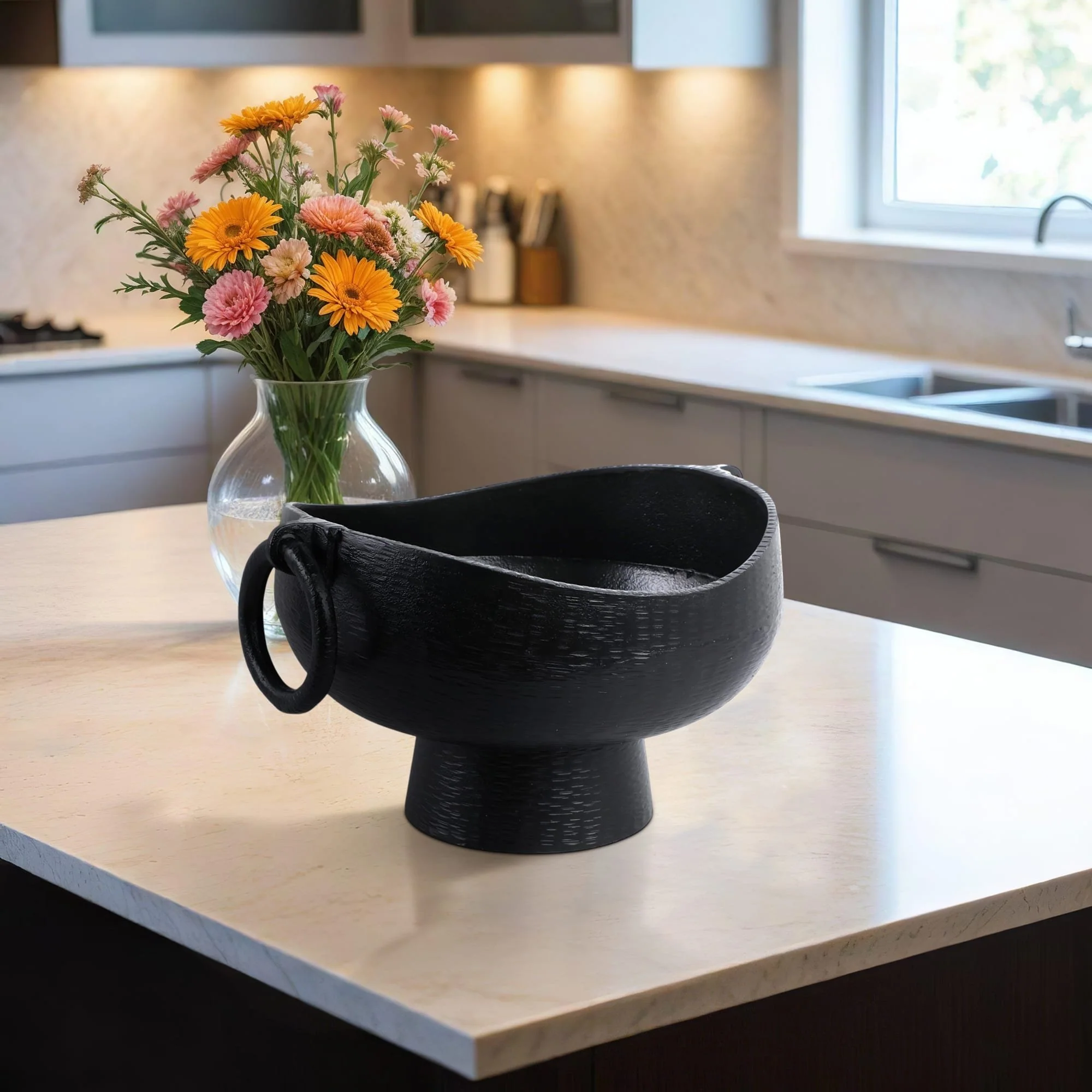 16x13" Metal Pedestal Bowl With Ring Handles, Blk - Image 10