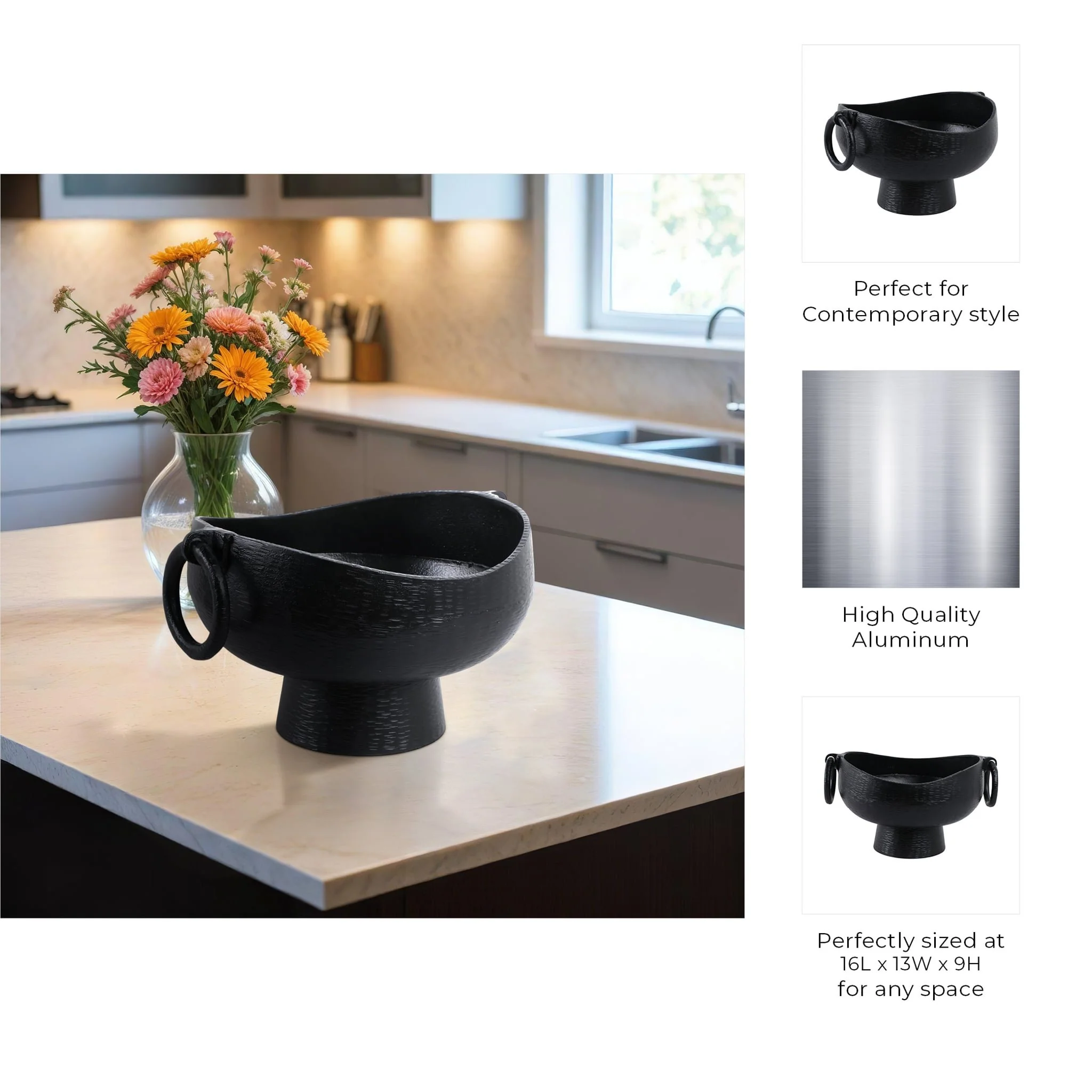 16x13" Metal Pedestal Bowl With Ring Handles, Blk - Image 9