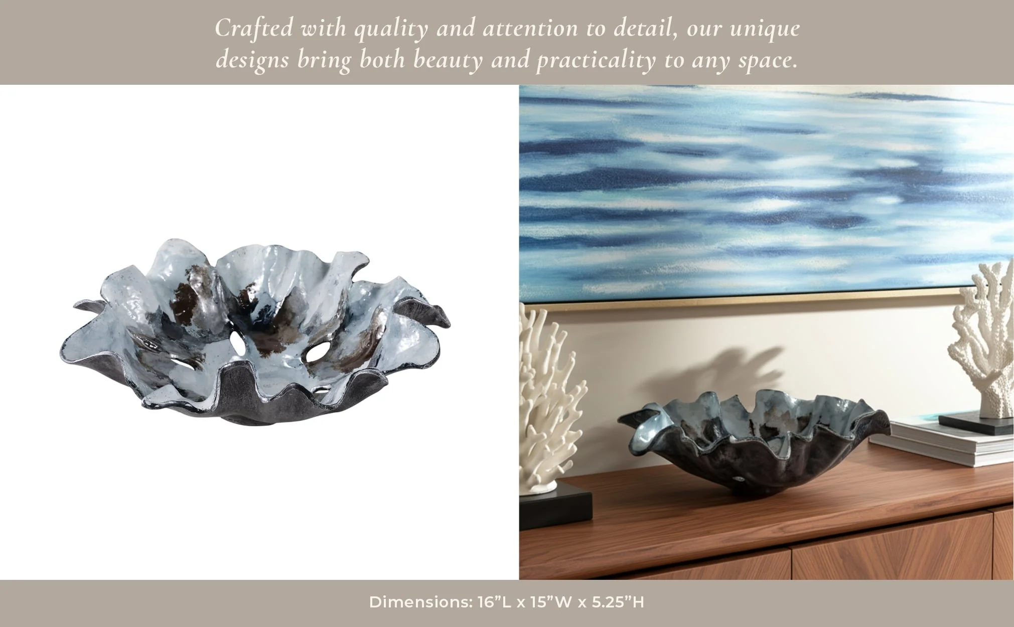 16x15" Abstract Flower Metal Bowl, Blue Multi - Image 10