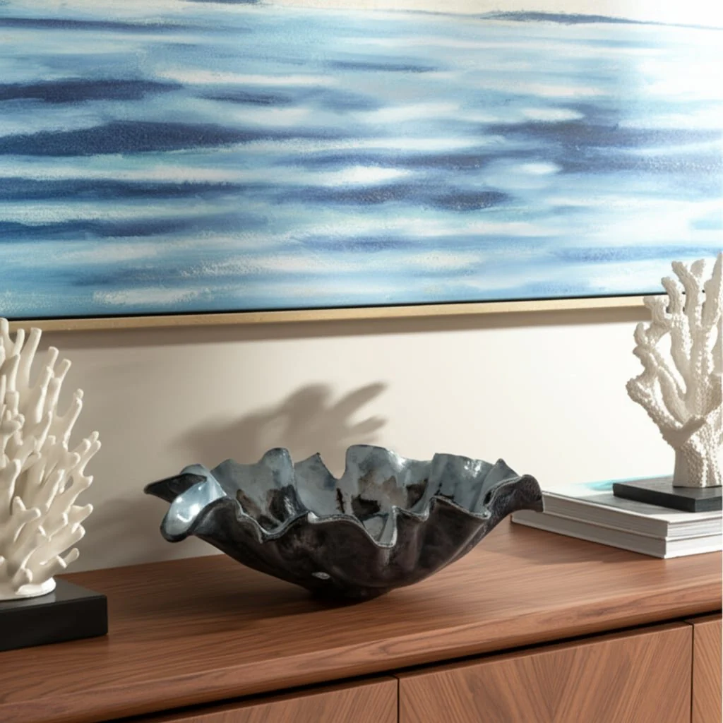 16x15" Abstract Flower Metal Bowl, Blue Multi - Image 8