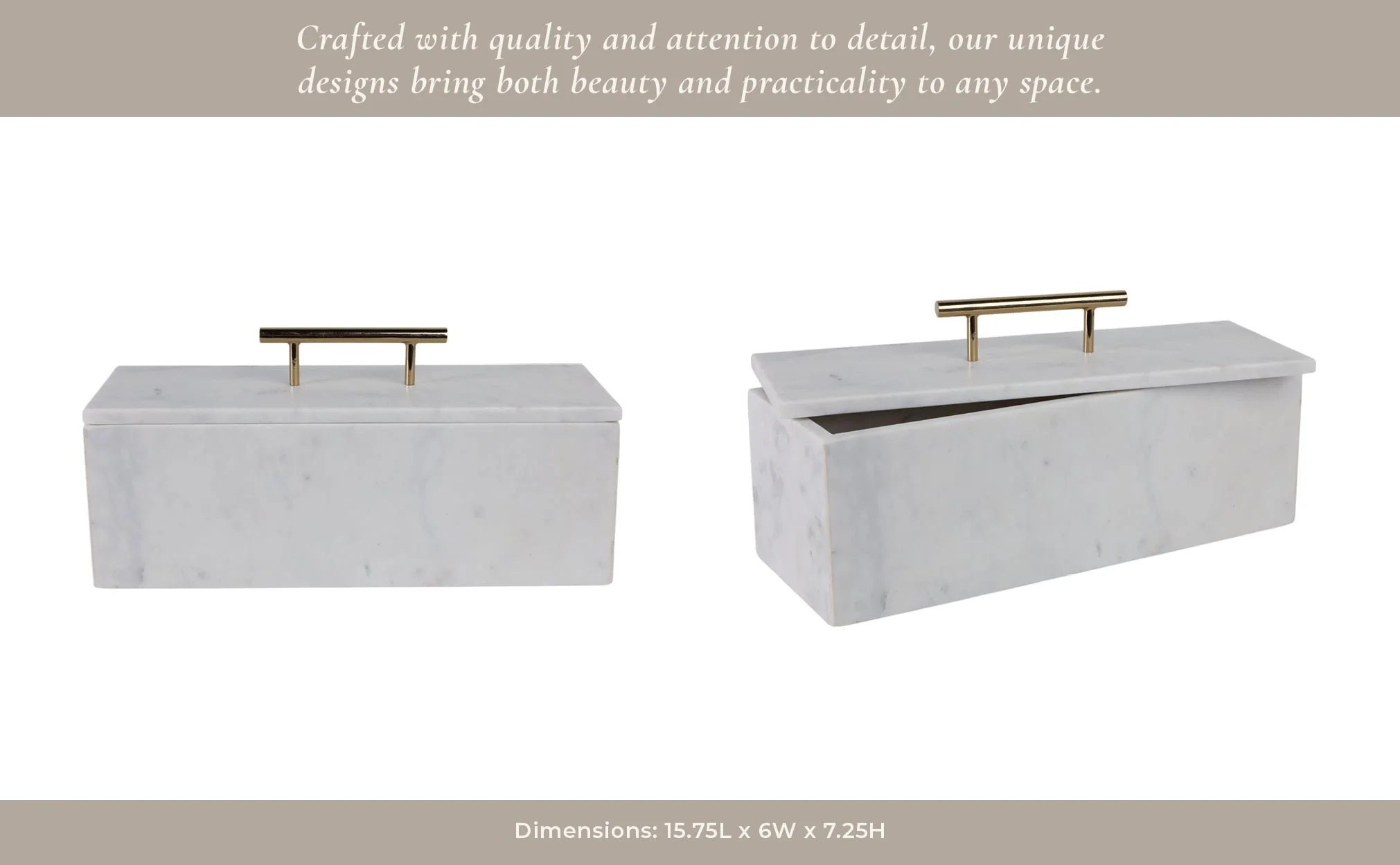 16x7" Marble Rectangular Box With Handle, White/go - Image 5