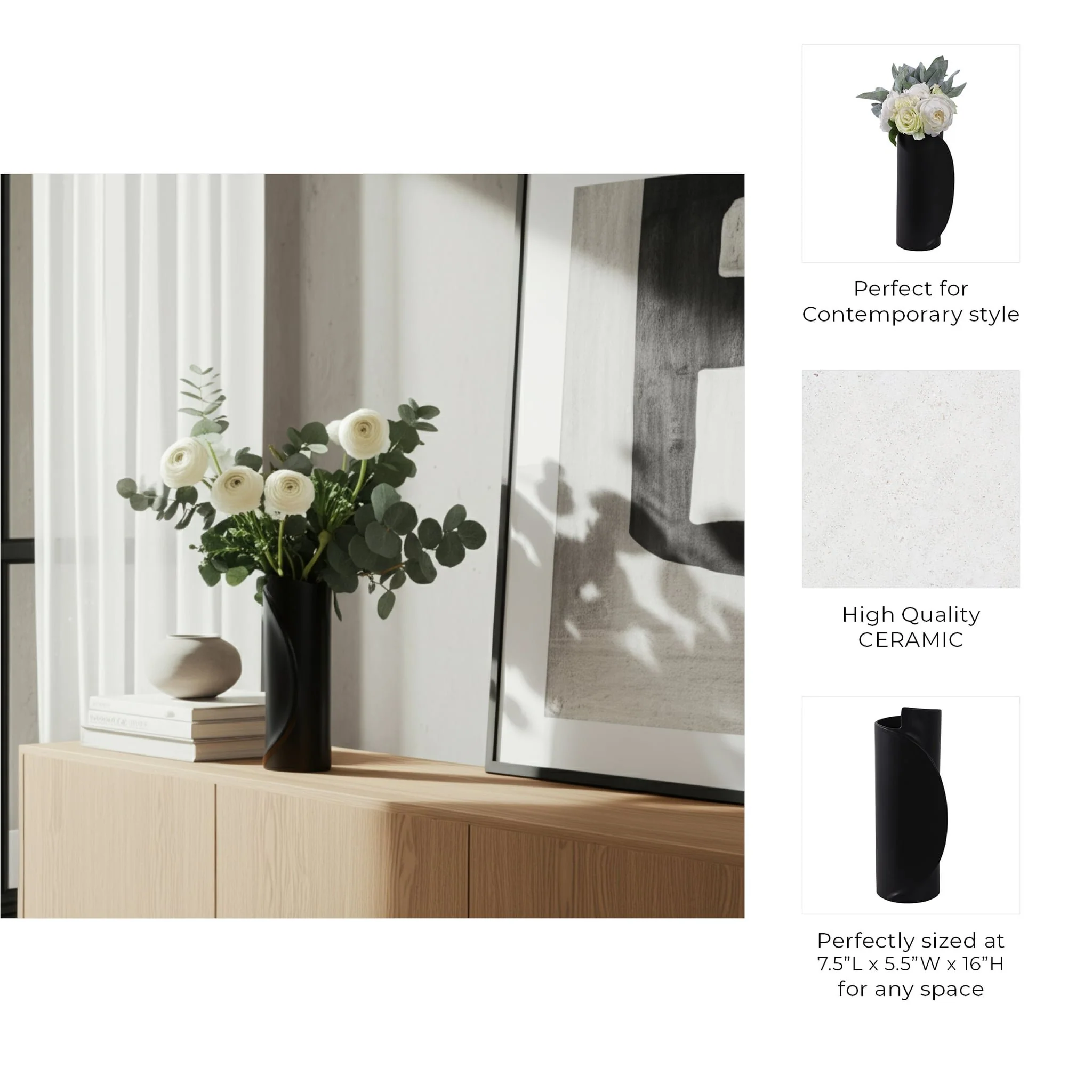 16x7" Wrap Around Vase, Black - Image 9