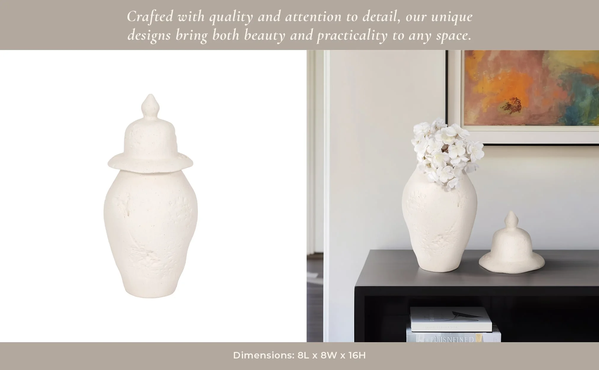 16x8" Cast Stone Finish Temple Jar, White - Image 11