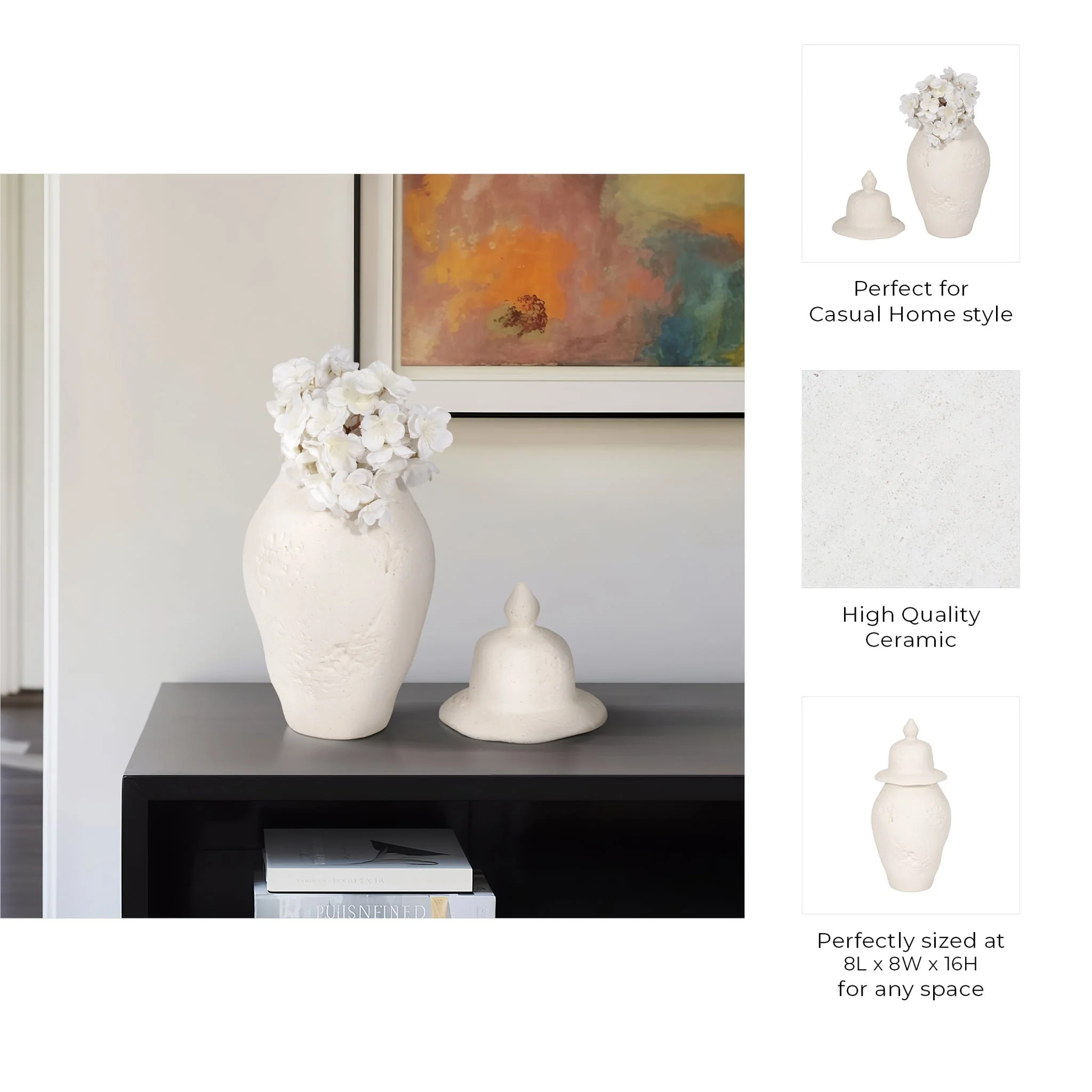 16x8" Cast Stone Finish Temple Jar, White - Image 9