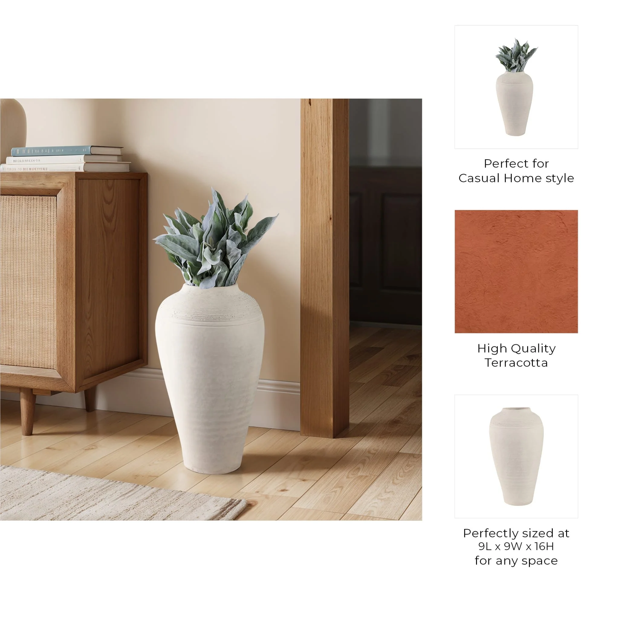 16x9" Paper Mache Ribbed Floor Vase, Ivory - Image 9
