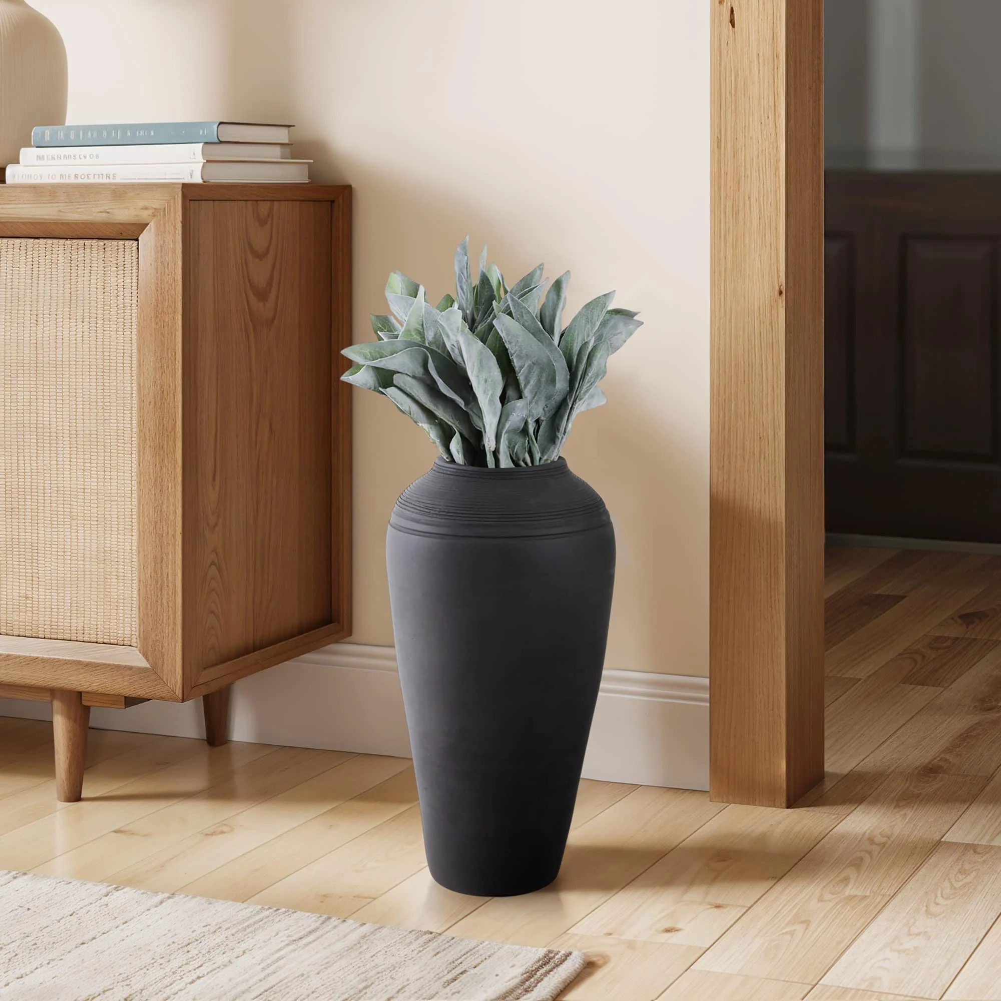 16x9" Terracotta Ribbed Floor Vase, Black - Image 10