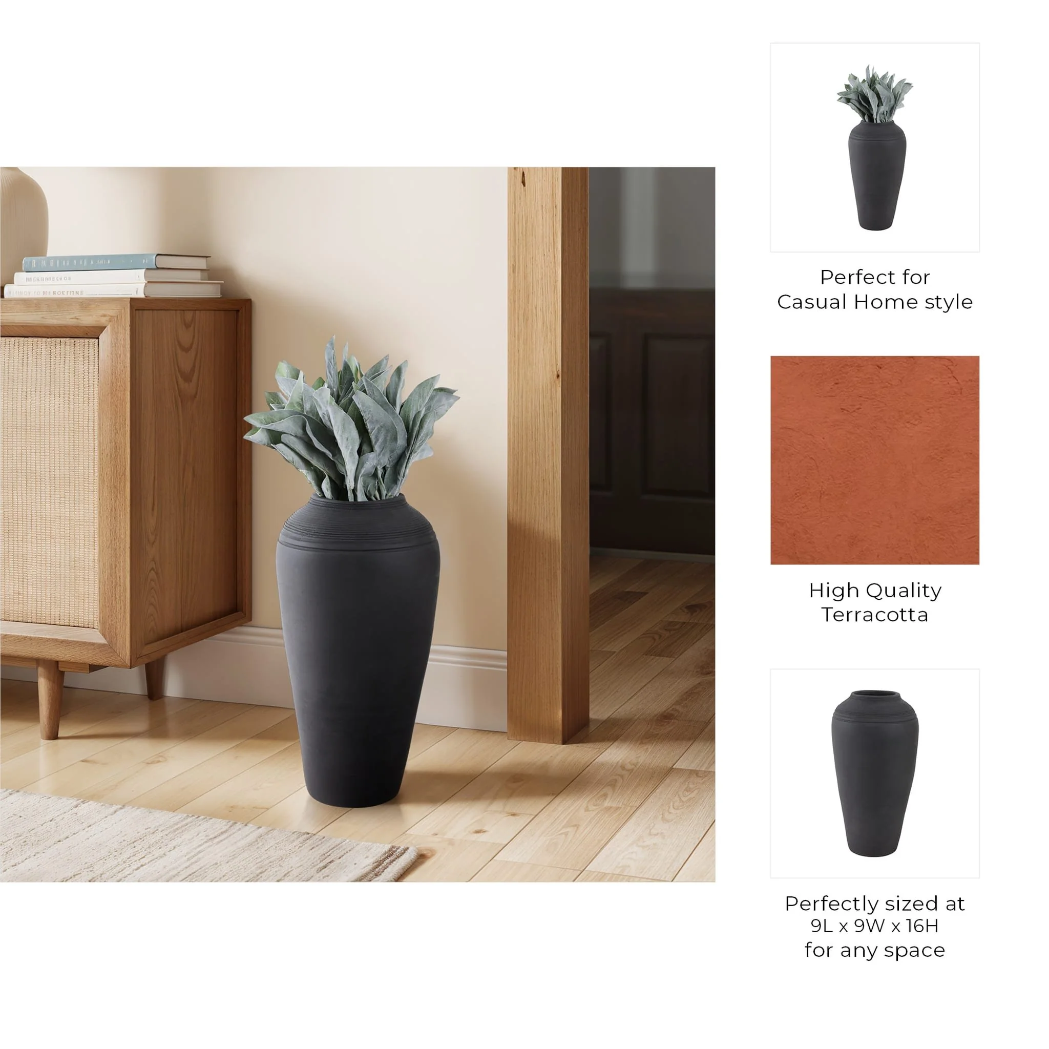 16x9" Terracotta Ribbed Floor Vase, Black - Image 9