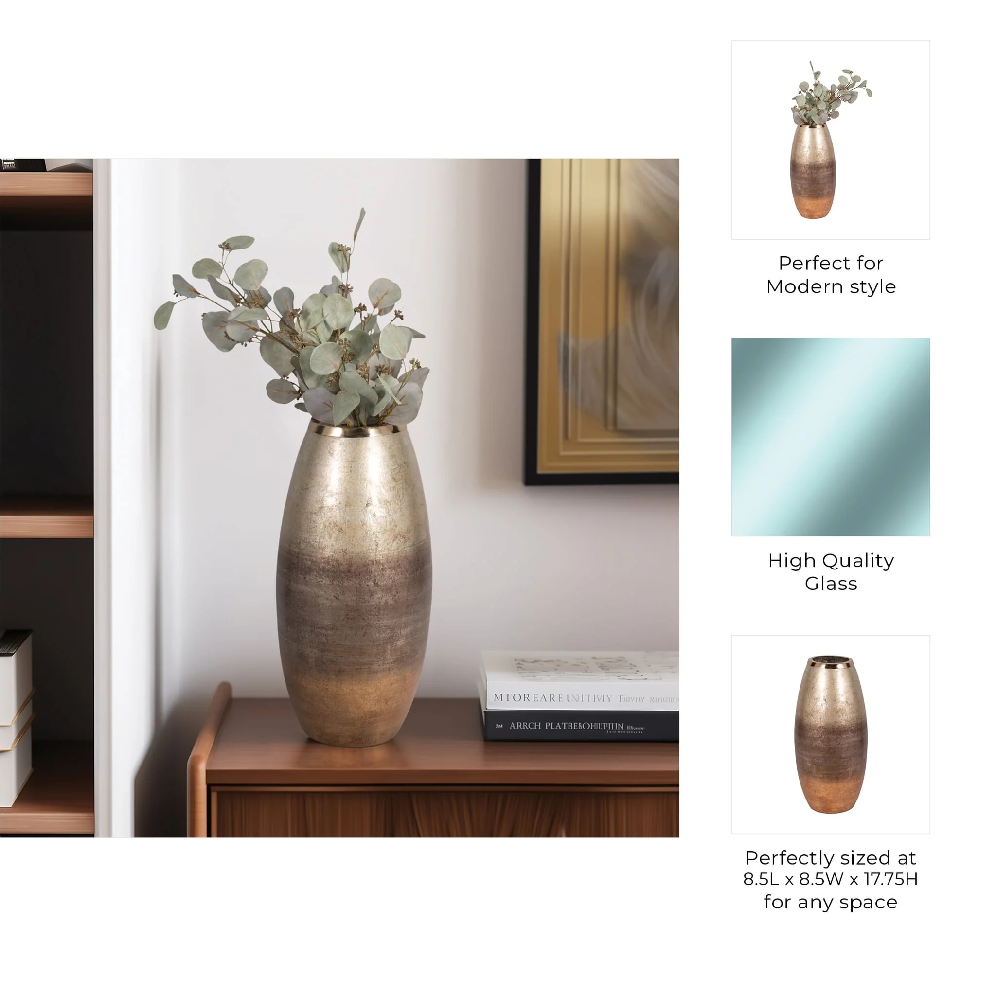 17" Curved Glass Vase Metallic Ombre Finish, Multi - Image 9