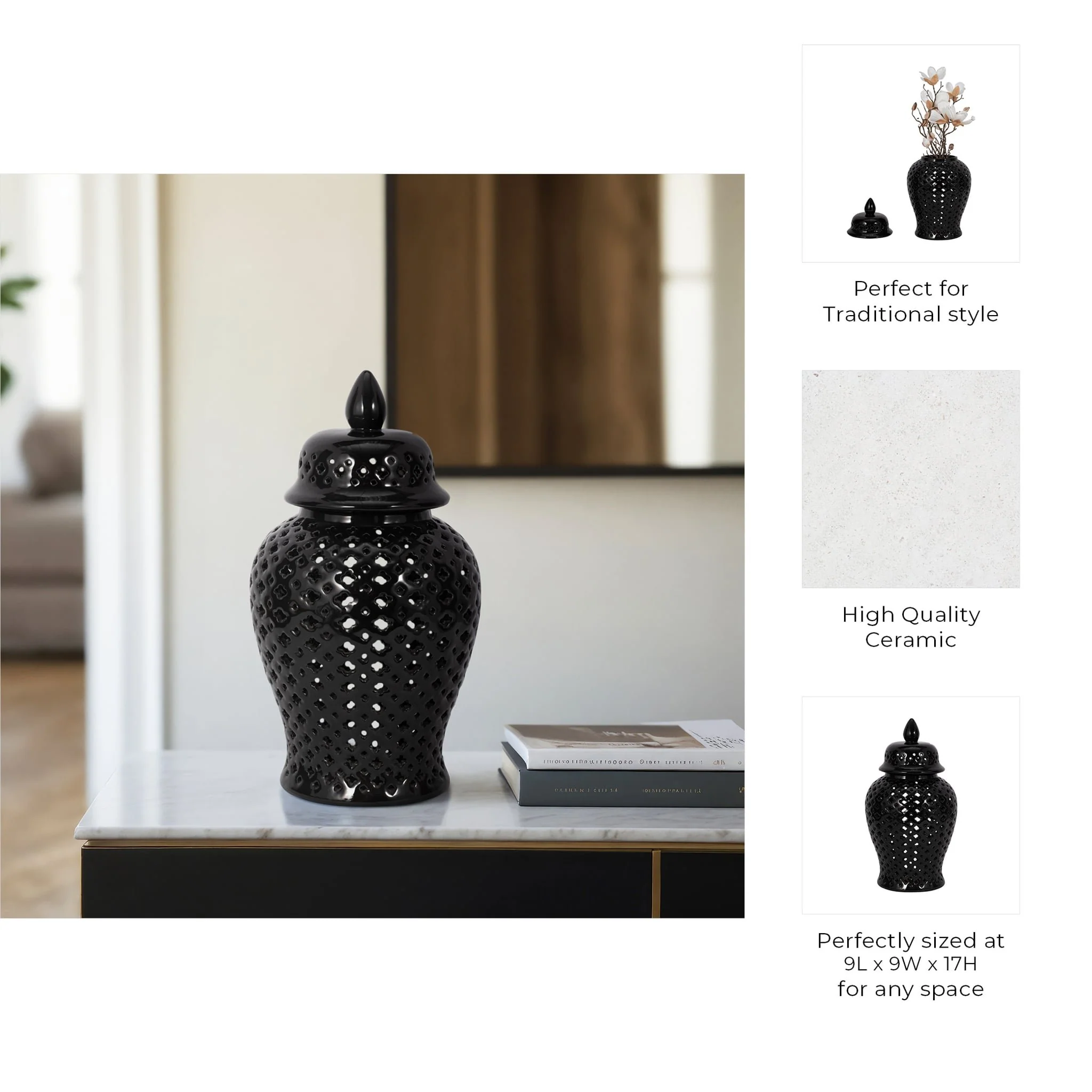 17" Cut-out Clover Temple Jar, Black - Image 9