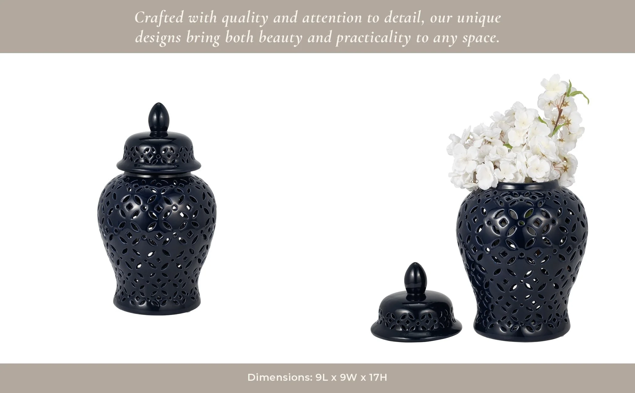17" Cut-out Daisies Temple Jar, Navy Blue - Image 11