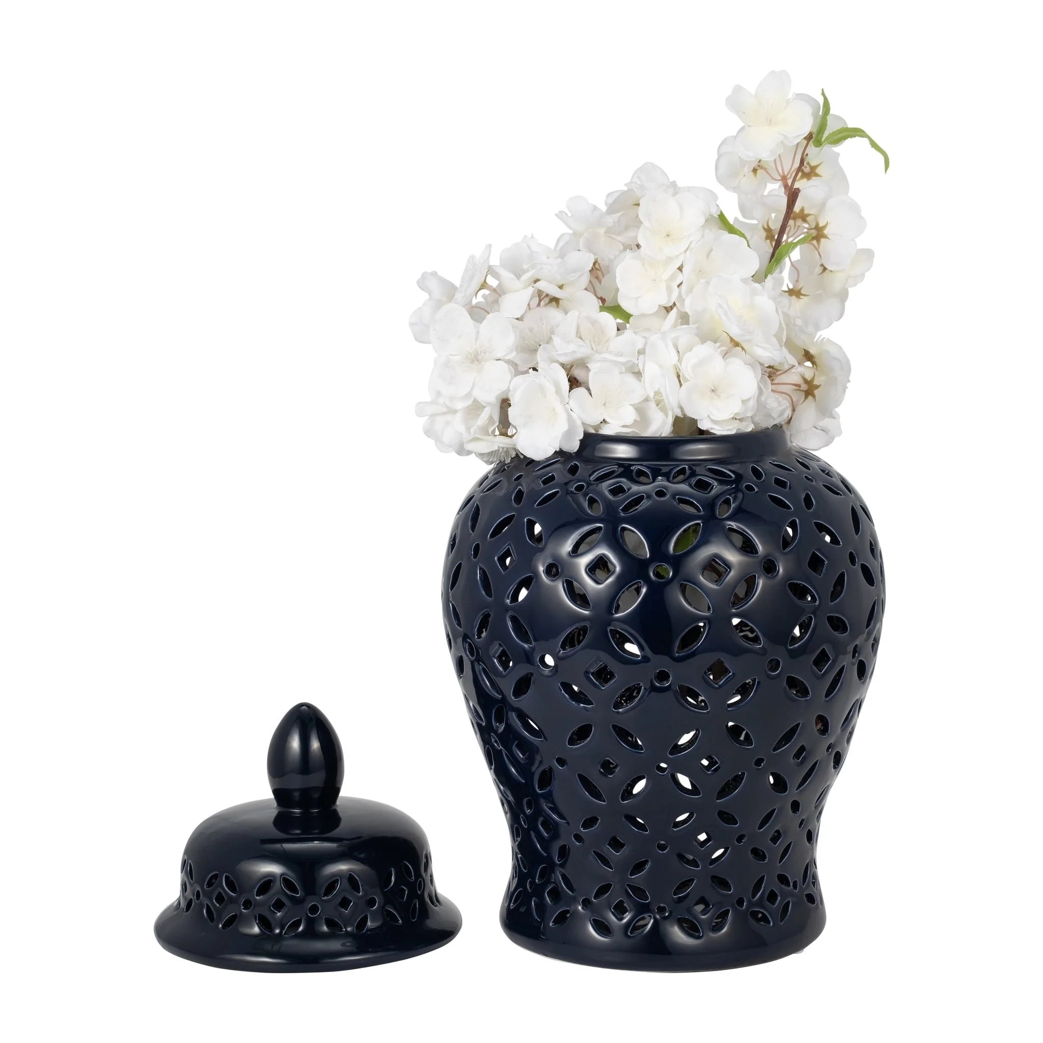 17" Cut-out Daisies Temple Jar, Navy Blue - Image 2