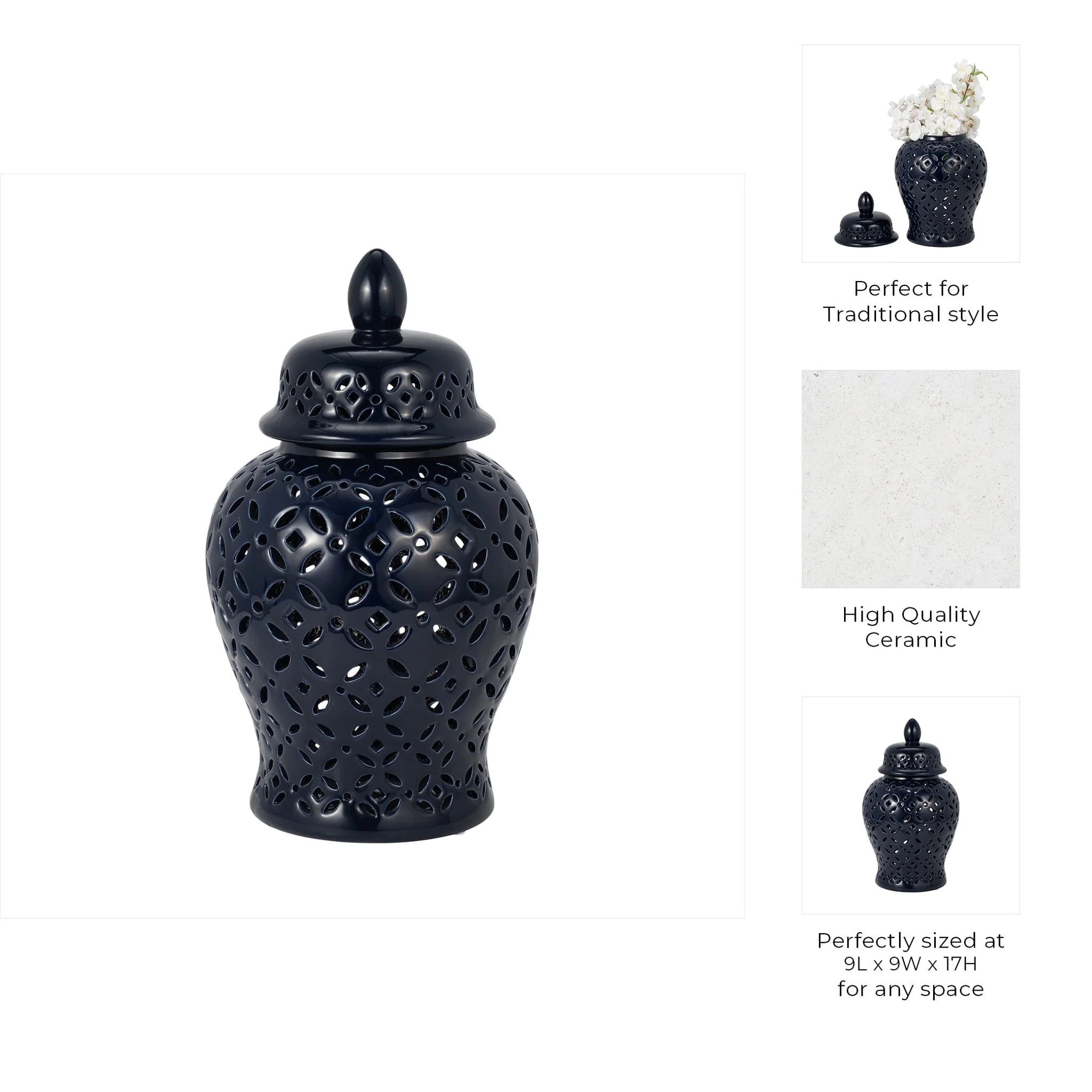 17" Cut-out Daisies Temple Jar, Navy Blue - Image 9