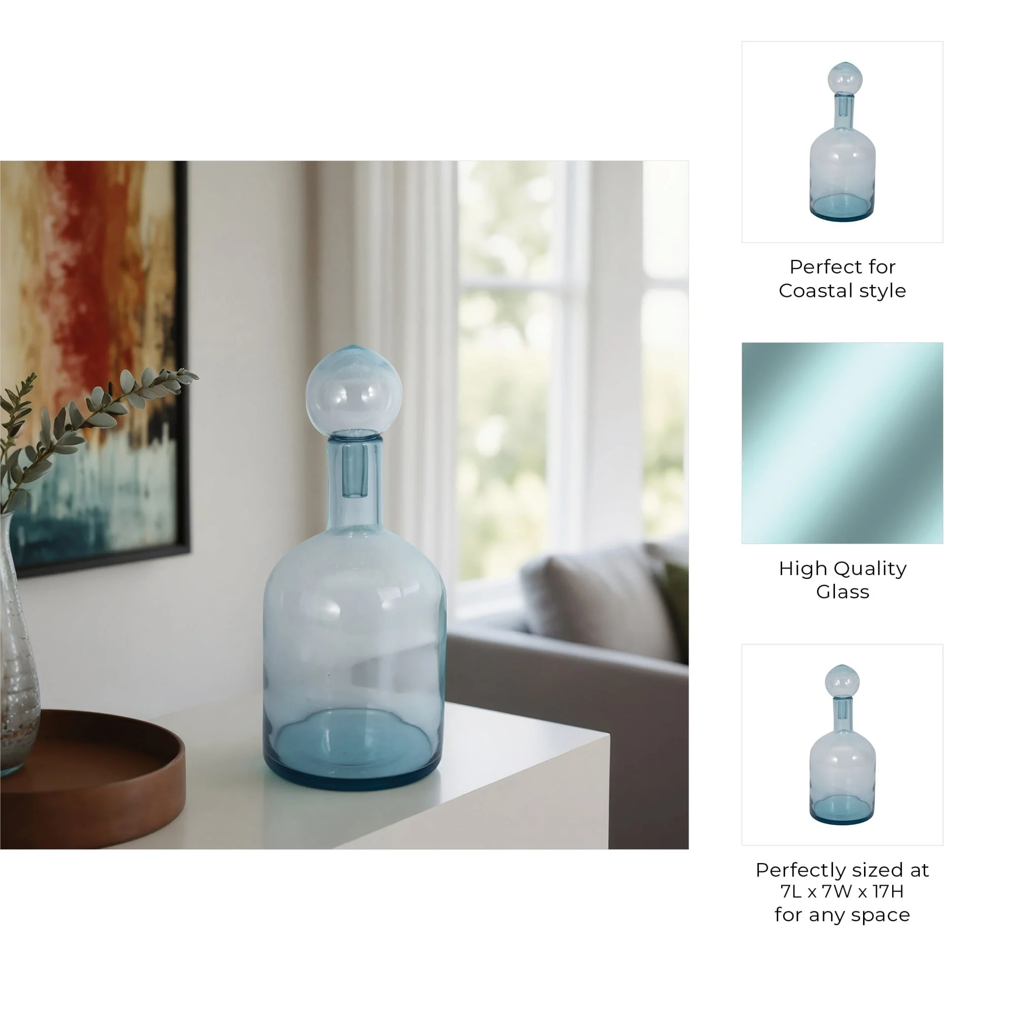 17" Glass Bottle With Stopper, Light Blue - Image 9
