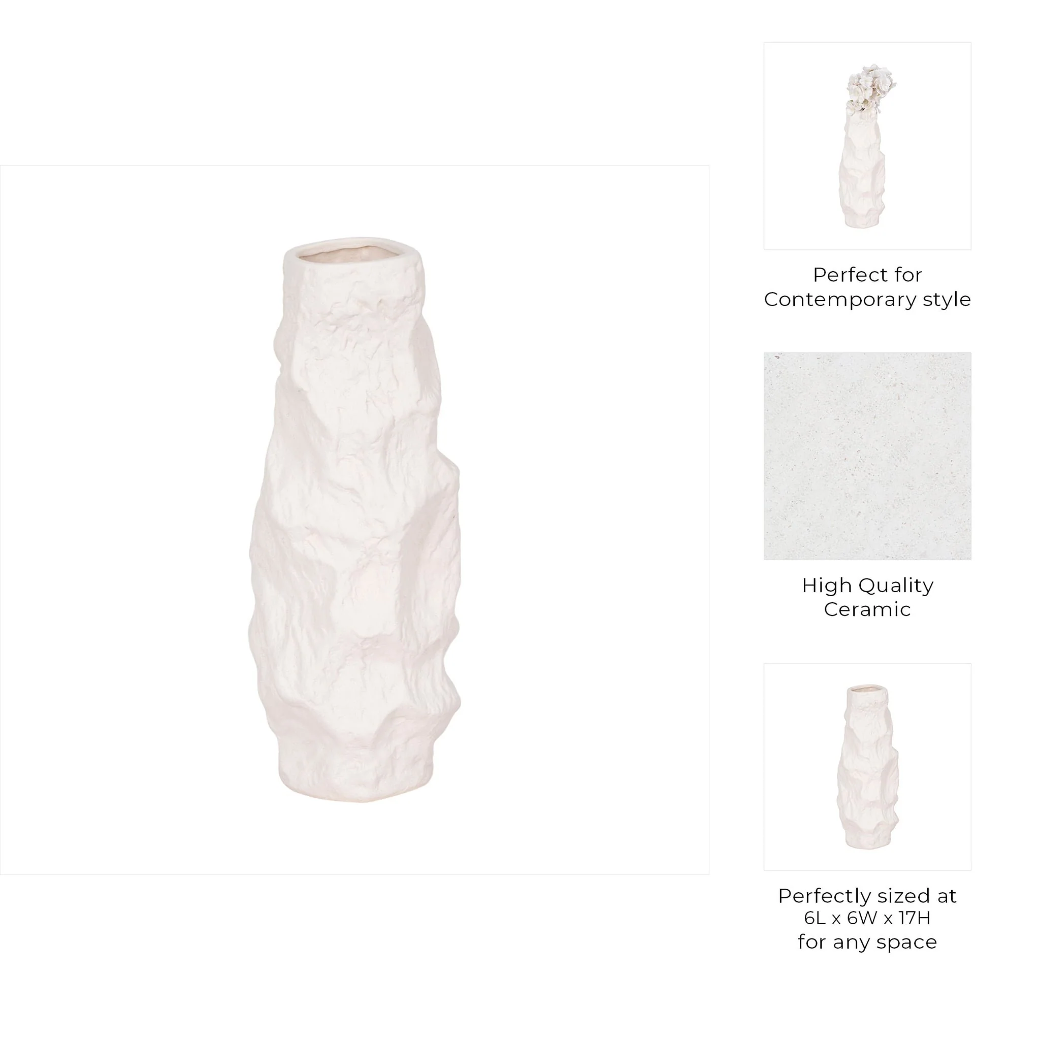 17" Jagged Textured Vase, White - Image 9