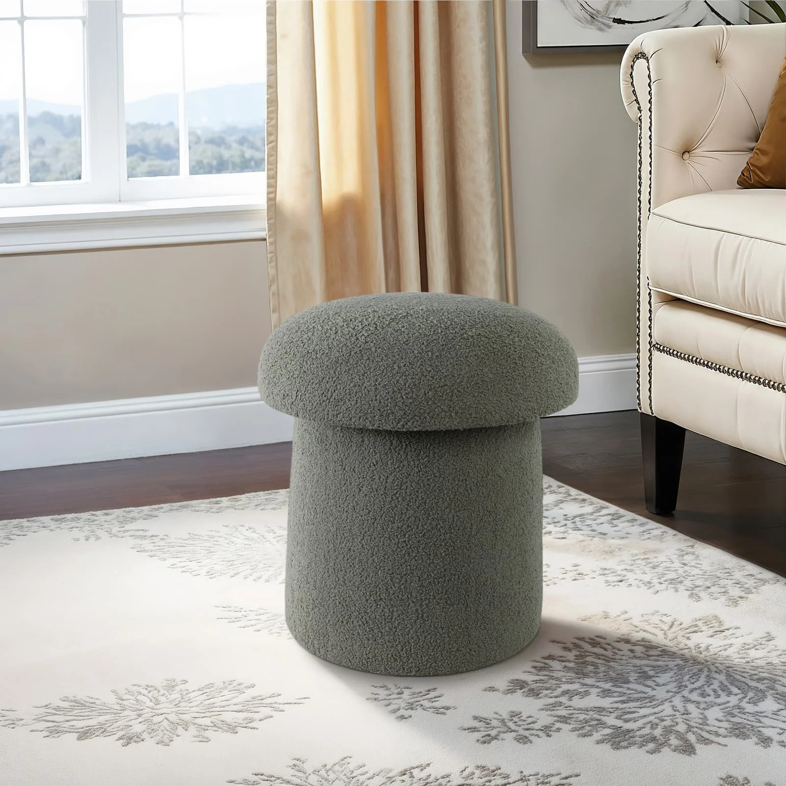 17x17" Mushroom Boucle Ottoman, Green - Image 11