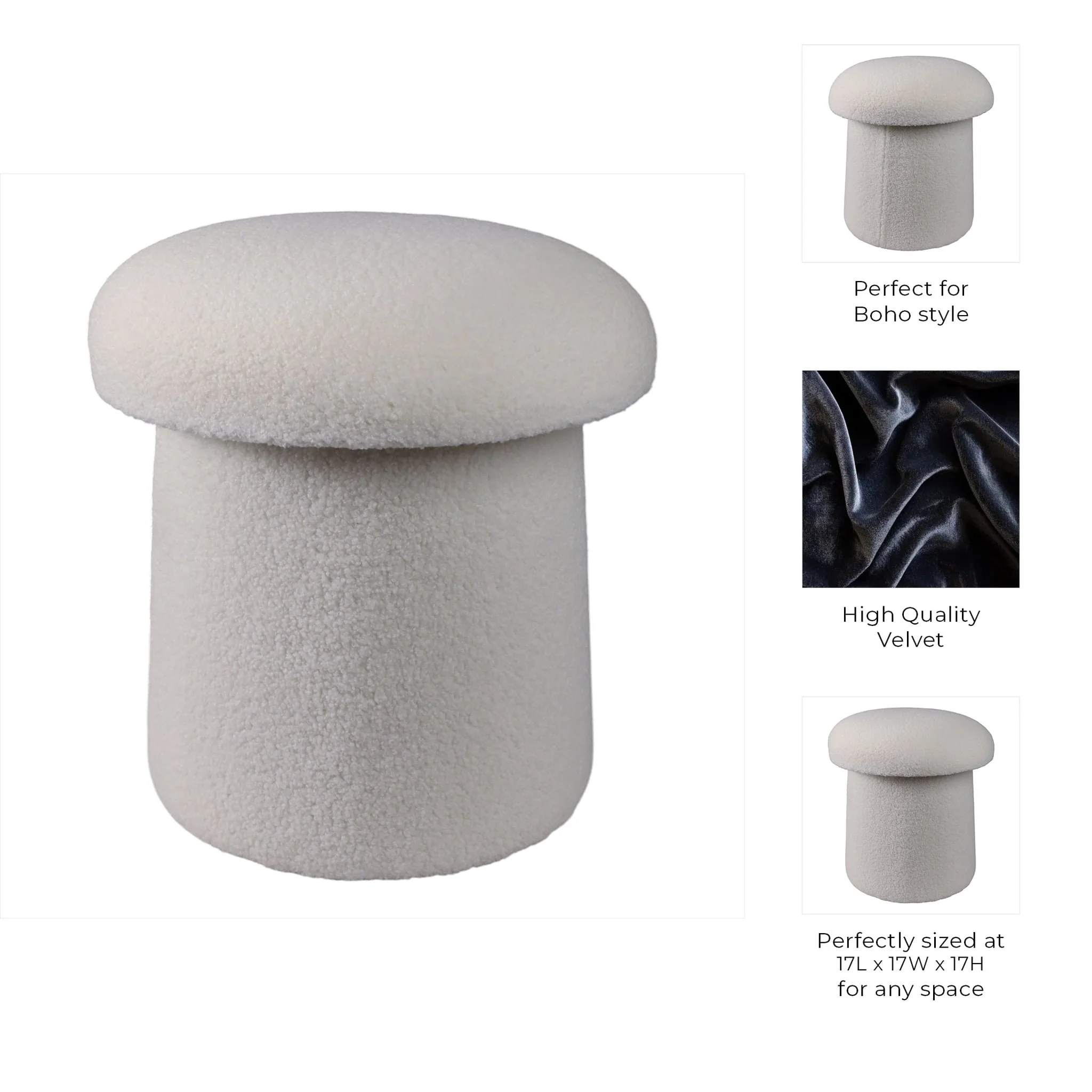 17x17" Mushroom Boucle Ottoman, Ivory - Image 10