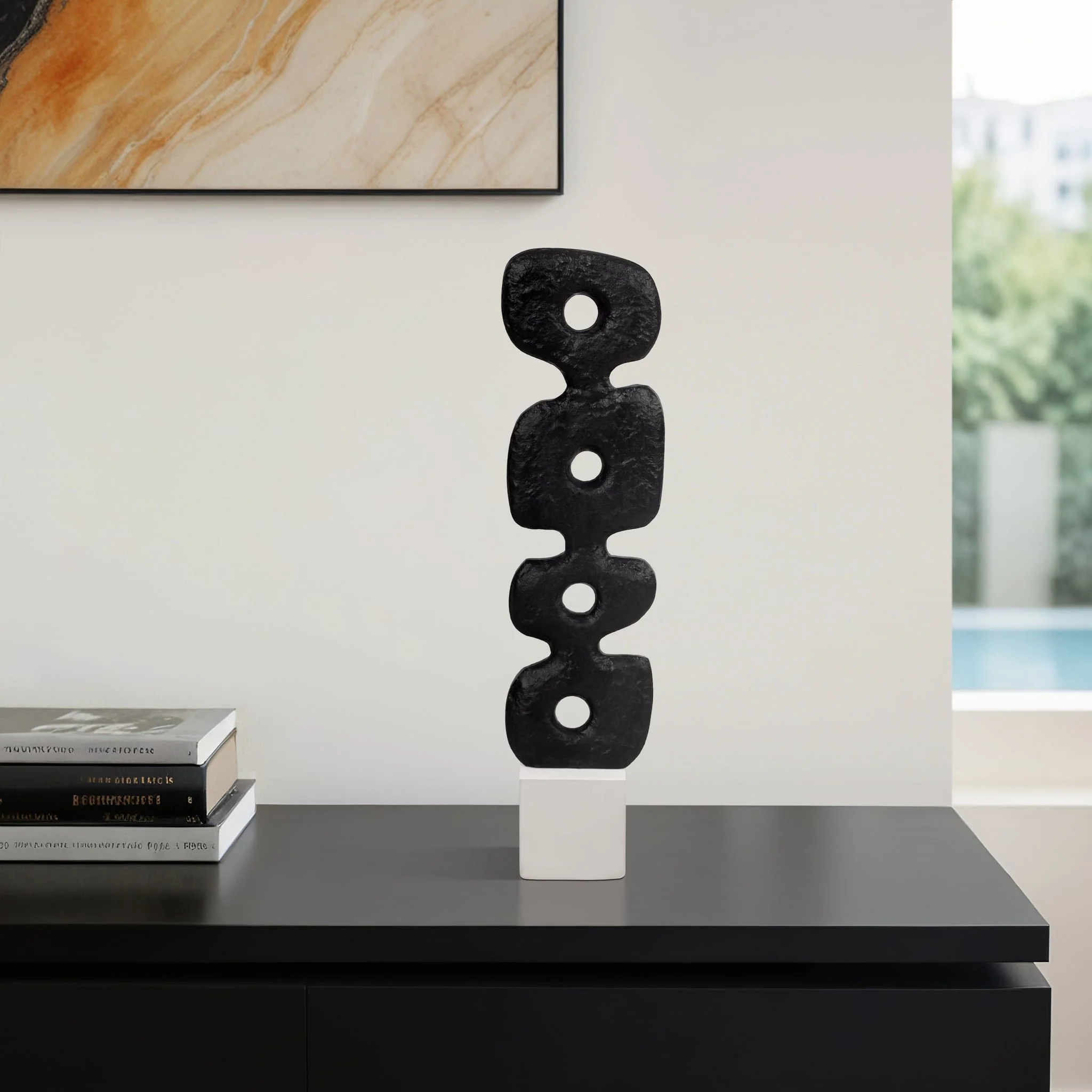 18" Abstract Totem Sculpture  Marble Base, Black/w - Image 10