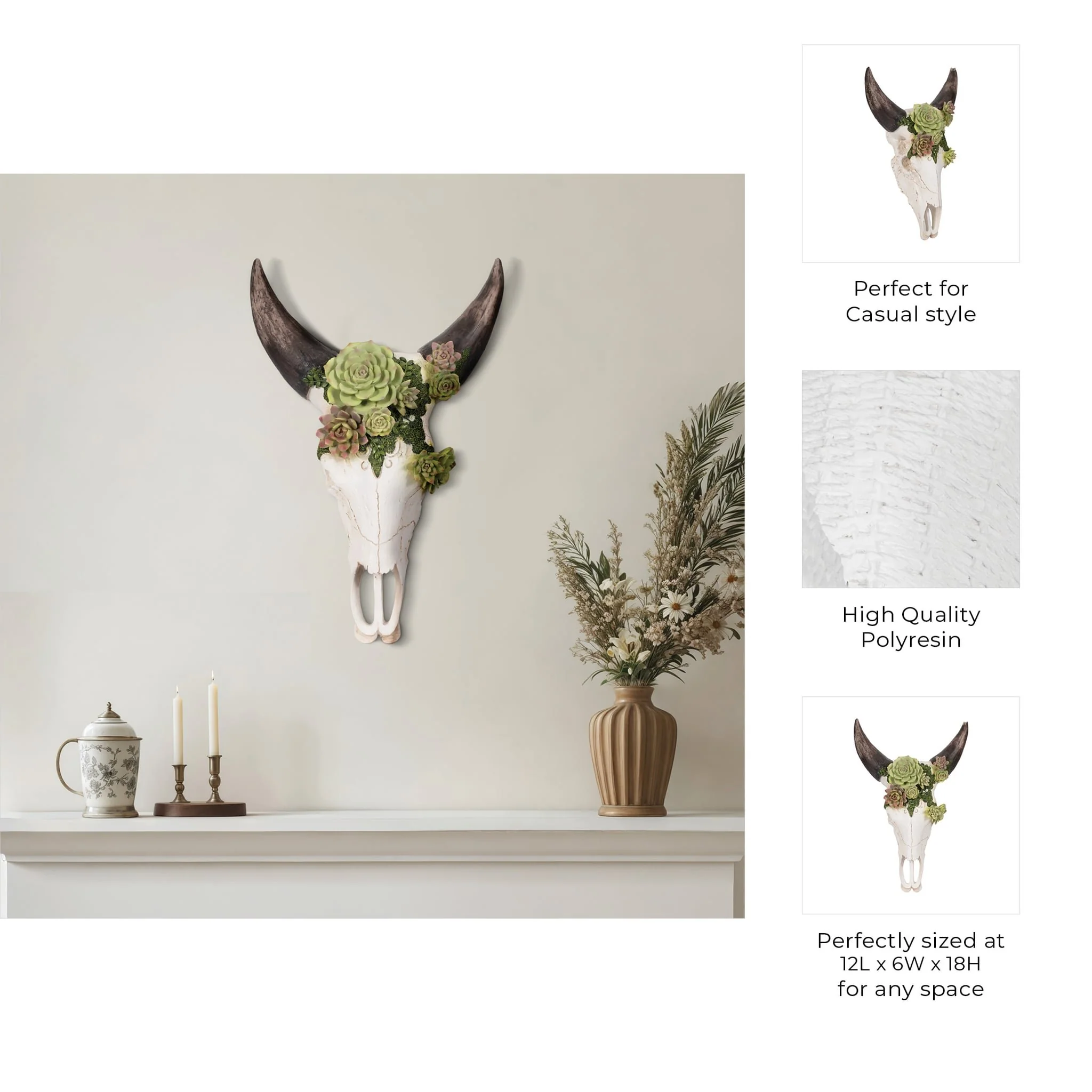 18" Bull Skull With Succulents, Multi - Image 7