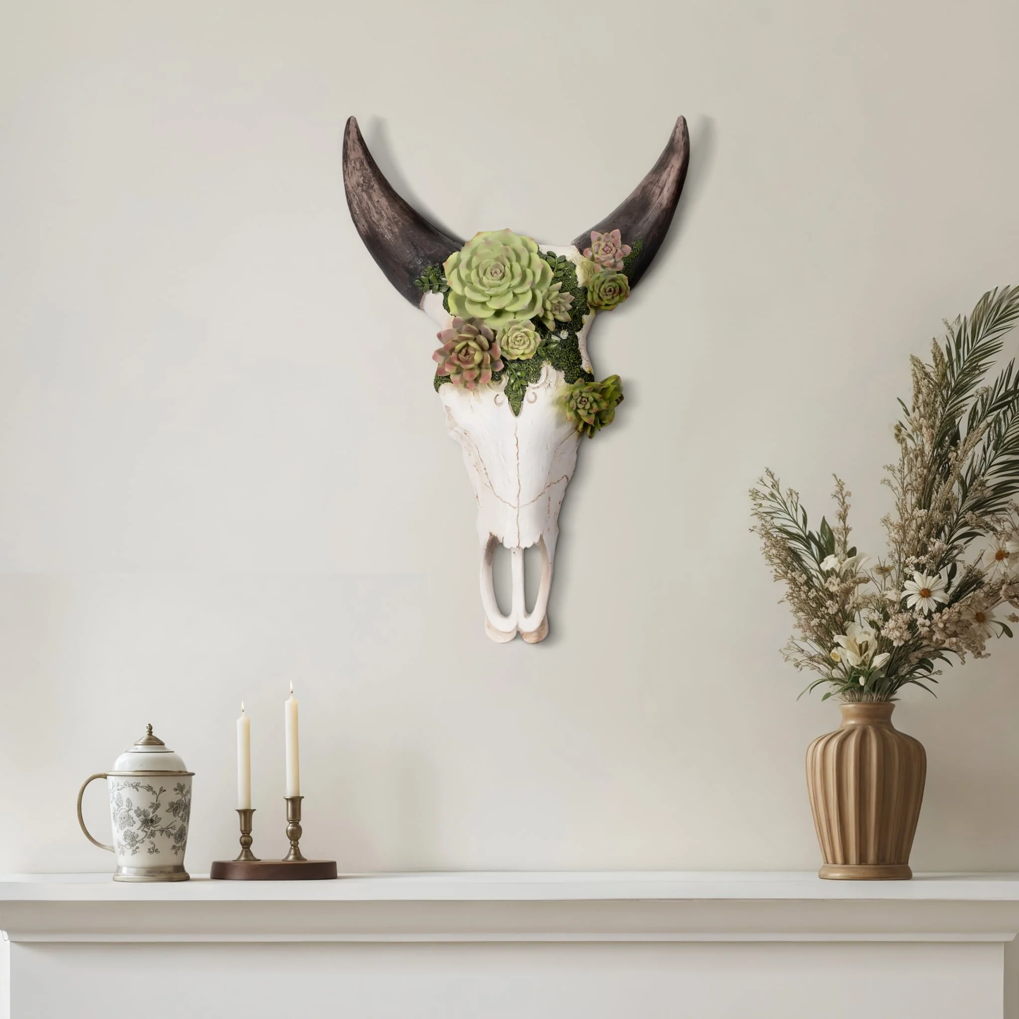 18" Bull Skull With Succulents, Multi - Image 8