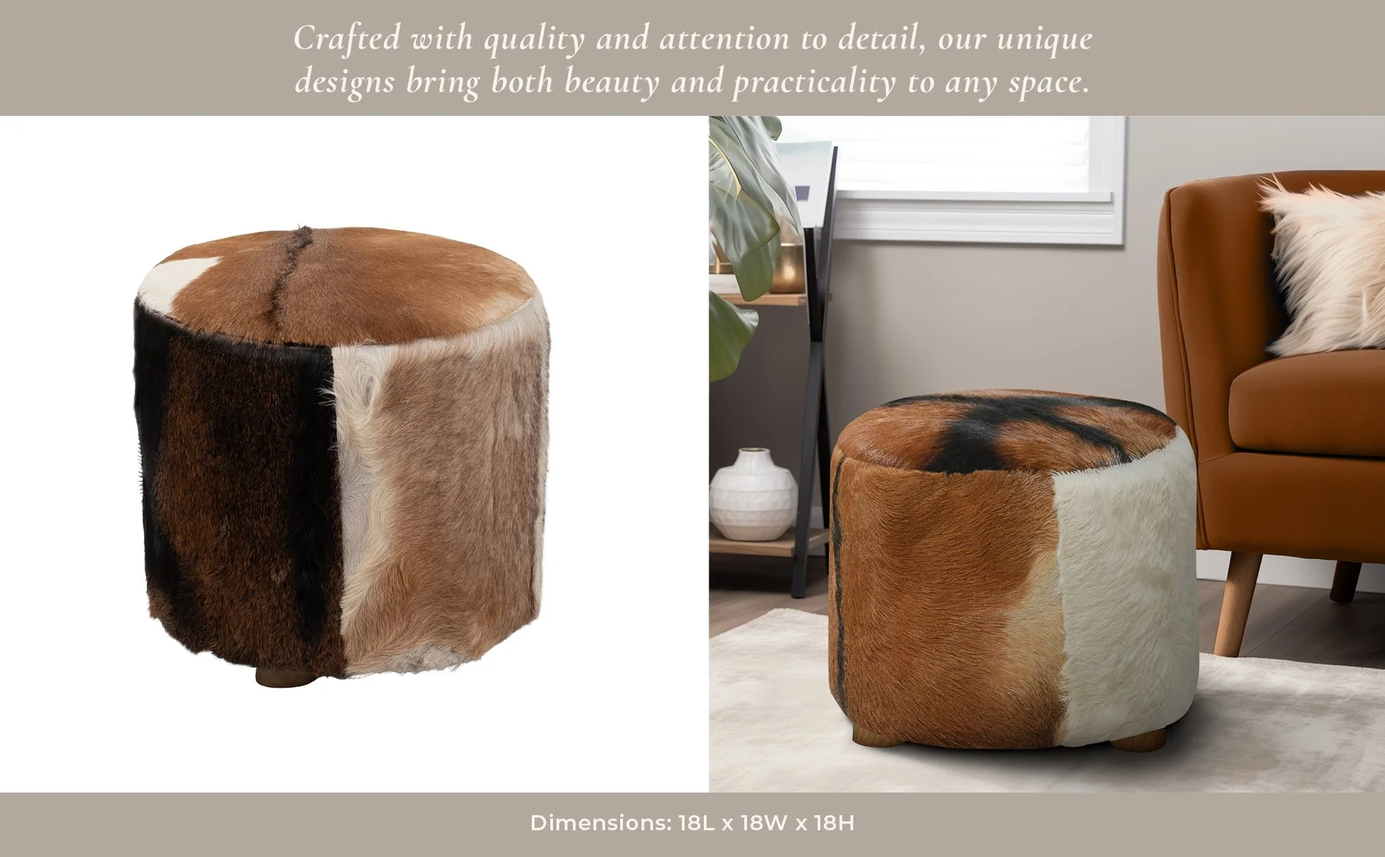 18" Cowhide Ottoman, Multi - Image 10